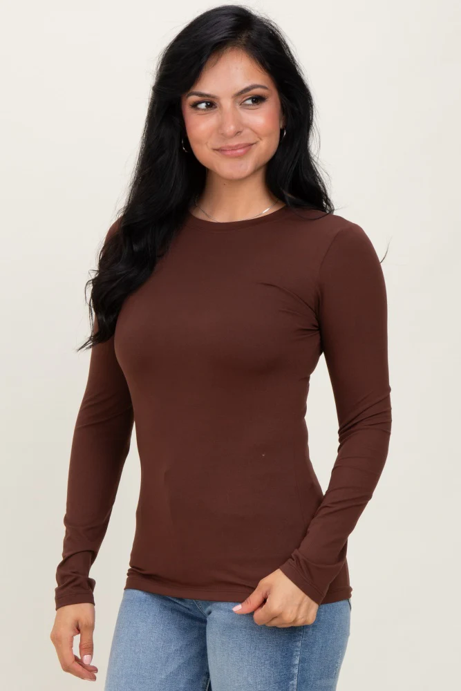 Brown Basic Long Sleeve Top - Image 3