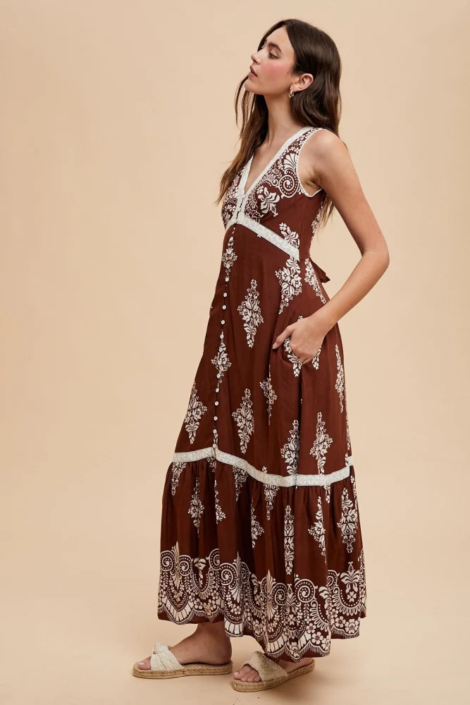 Brown Border Print Resort Maxi Dress - Image 3