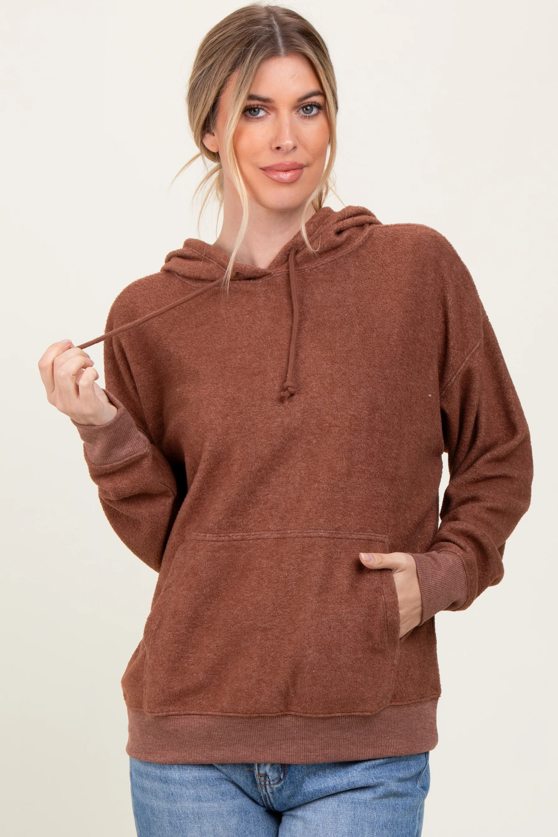 Brown Brushed Knit Oversized Hoodie - Image 2