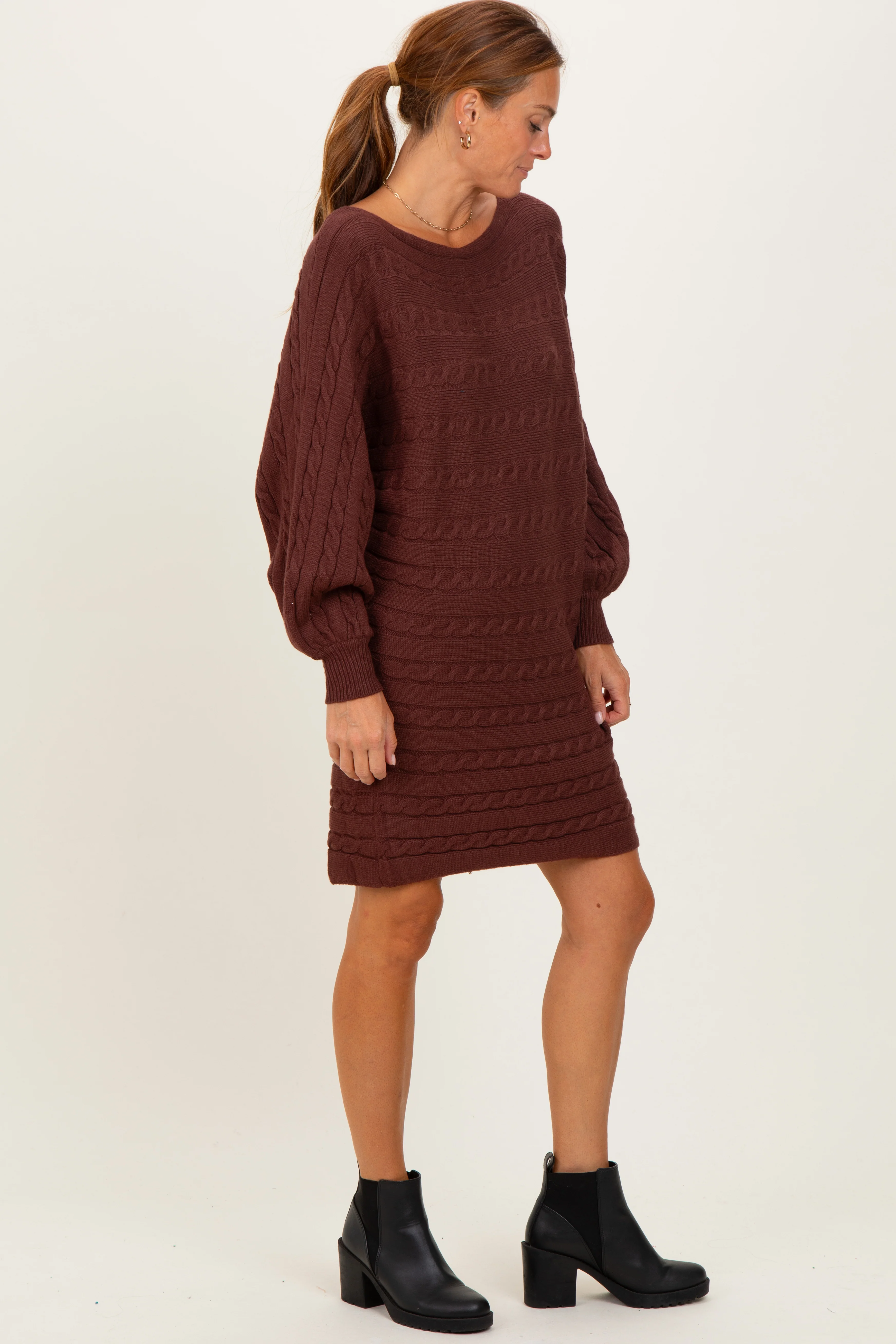 Brown Cable Knit Dolman Sleeve Sweater Mini Dress - Image 3