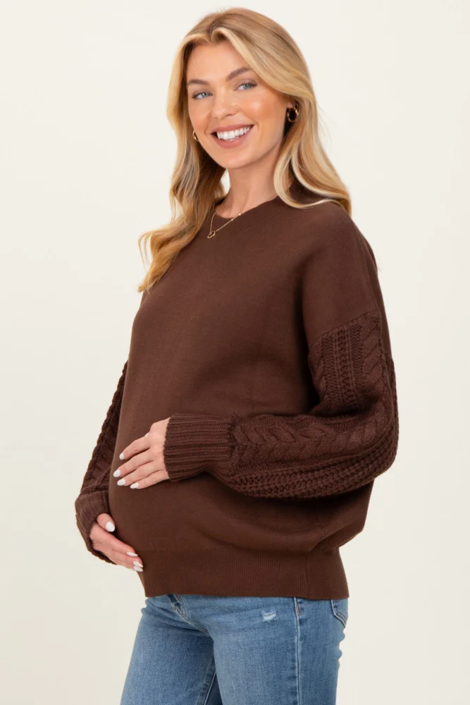 Brown Cable Knit Sleeve Round Neck Sweater - Image 7