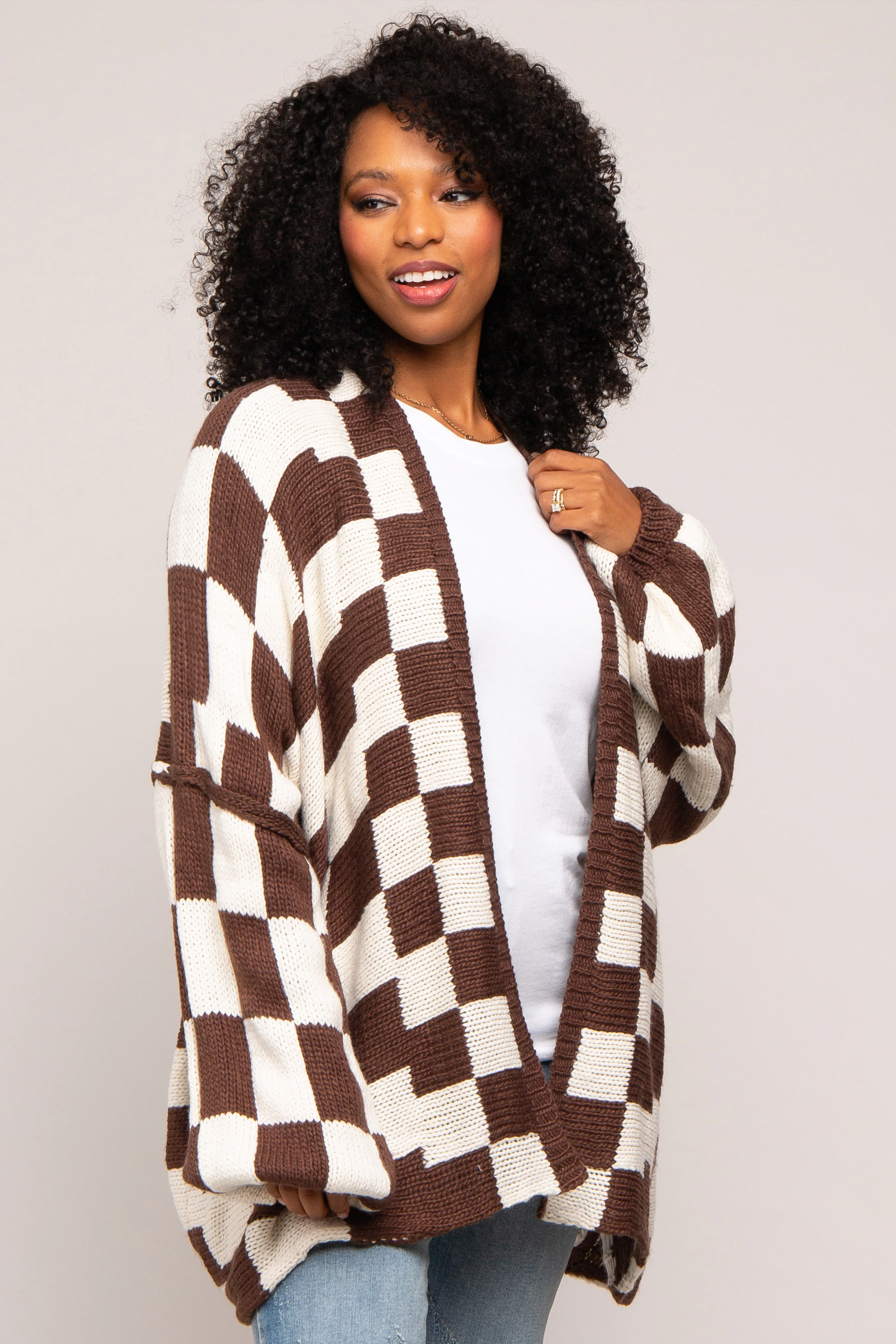 Brown Checkered Print Oversized Maternity Cardigan - Image 5