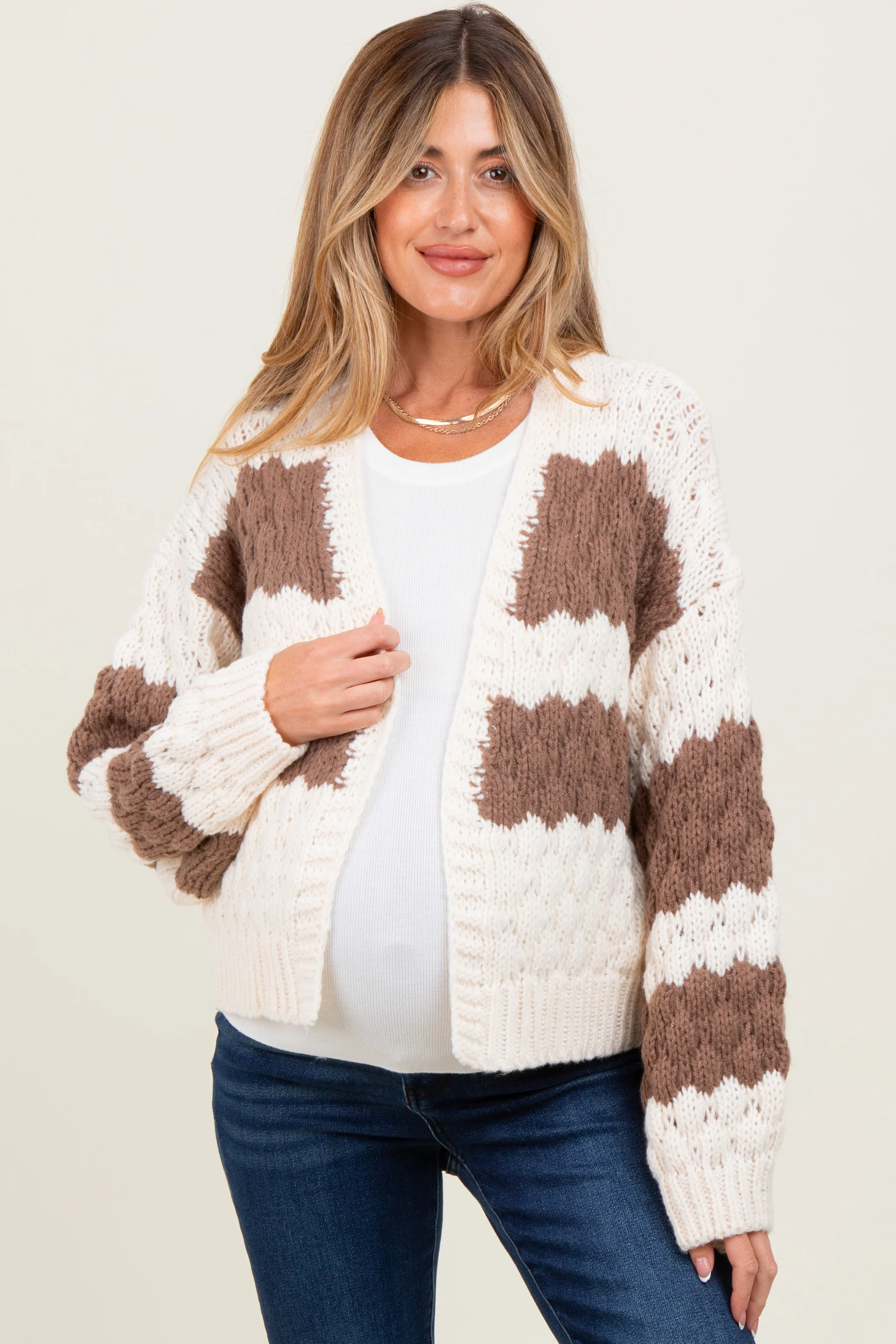 Brown Colorblock Chunky Knit Open Maternity Cardigan - Image 3