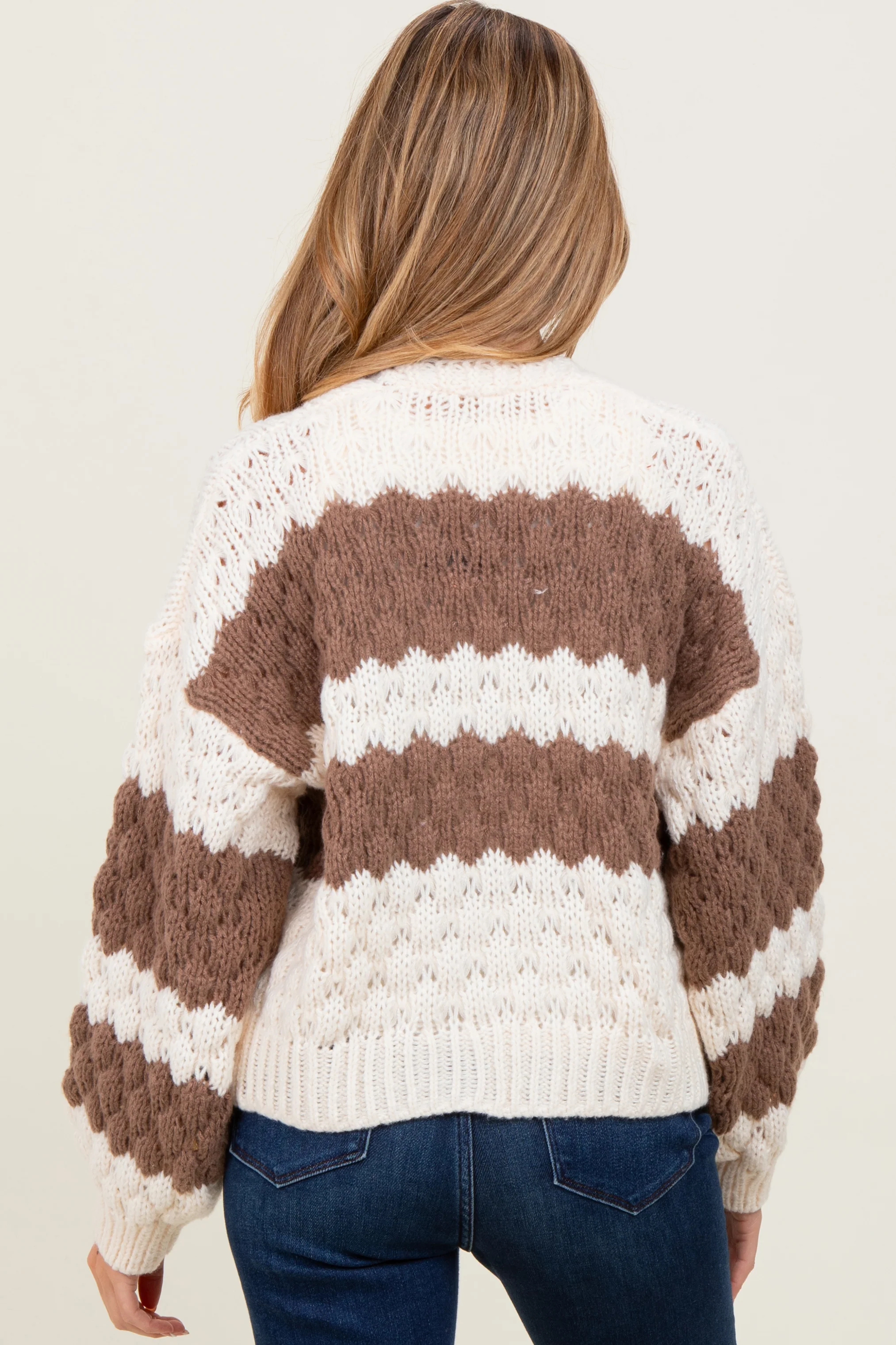 Brown Colorblock Chunky Knit Open Maternity Cardigan - Image 5