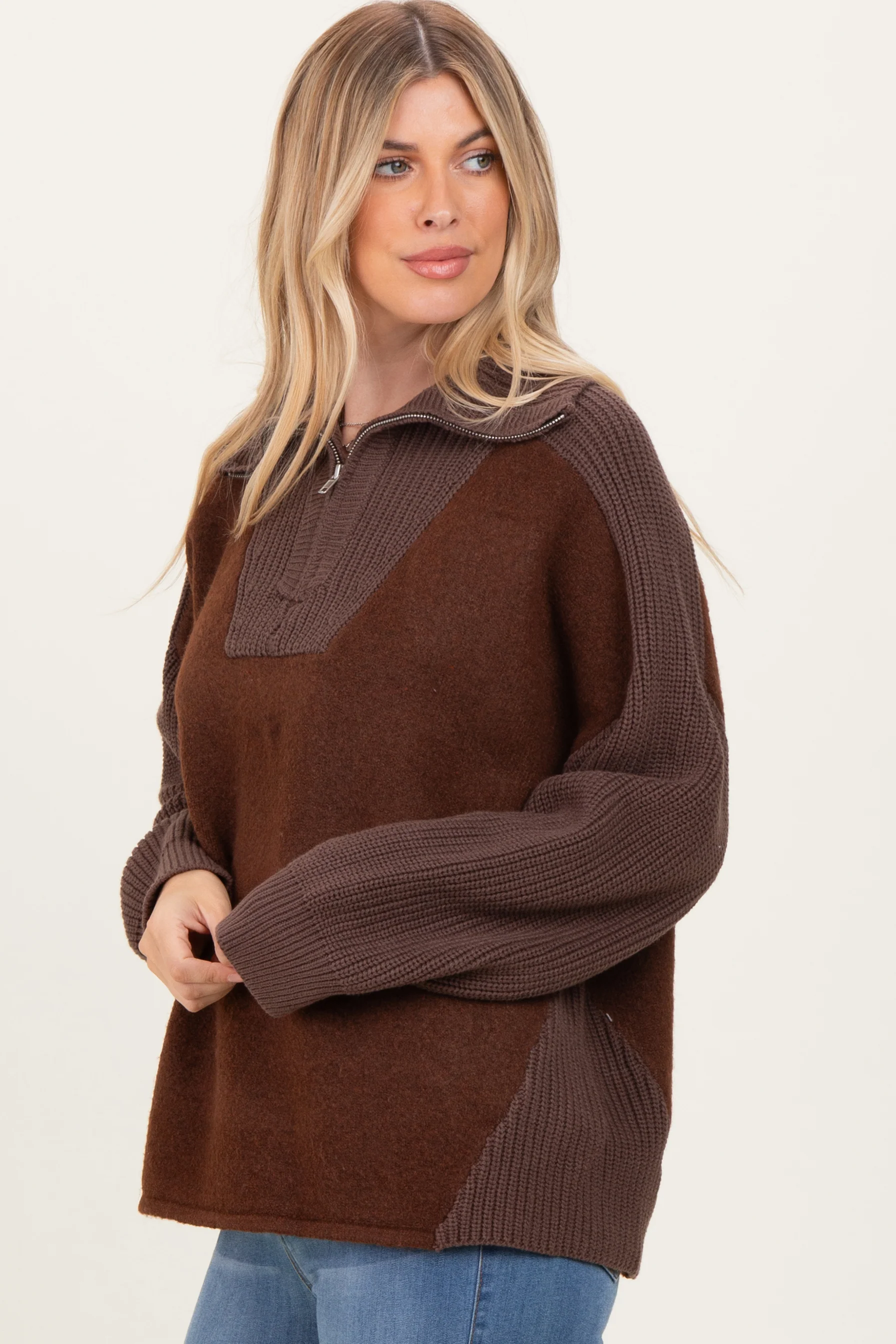 Brown Colorblock Half Zip Pullover Sweater - Image 3