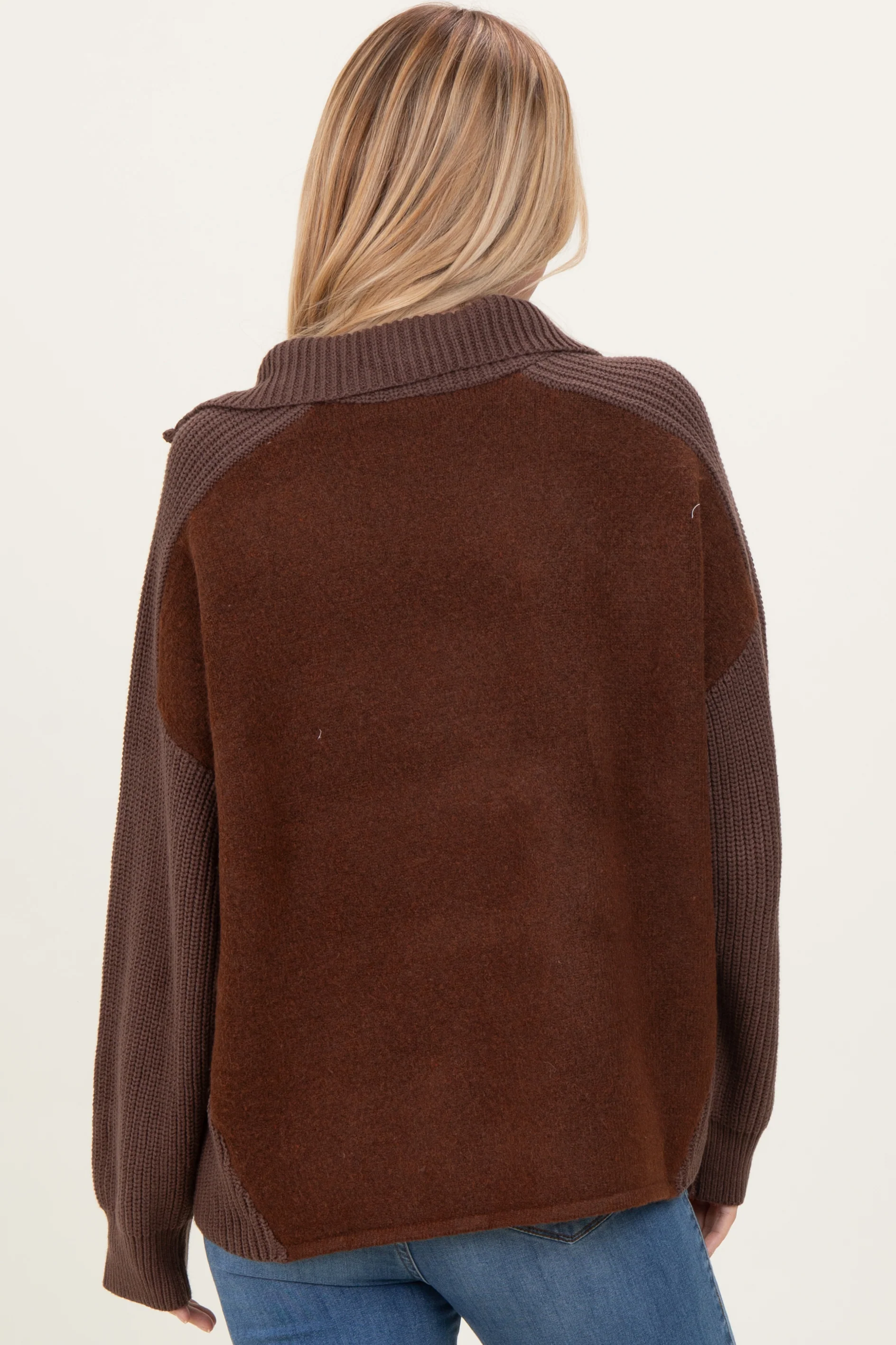 Brown Colorblock Half Zip Pullover Sweater - Image 4