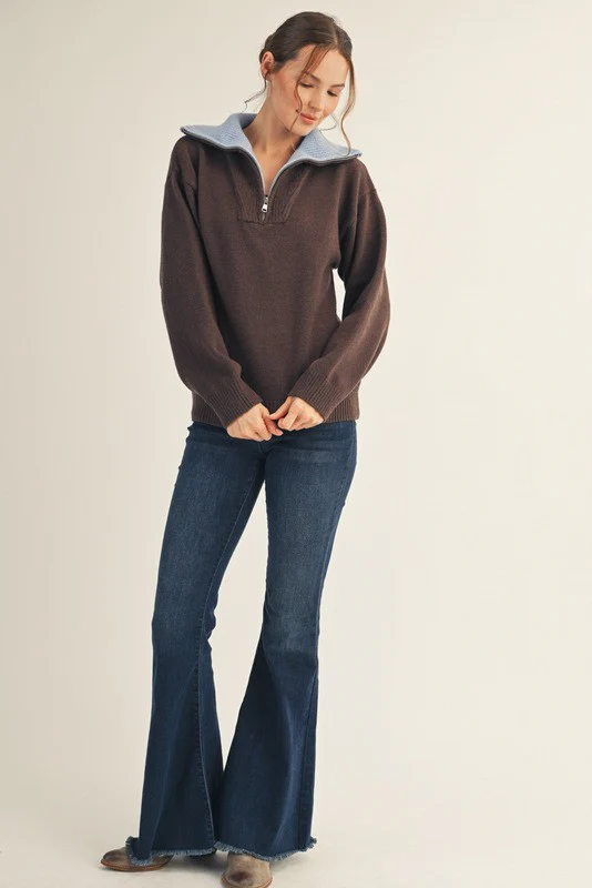 Brown Contrast Collar Half Zip Sweater - Image 4