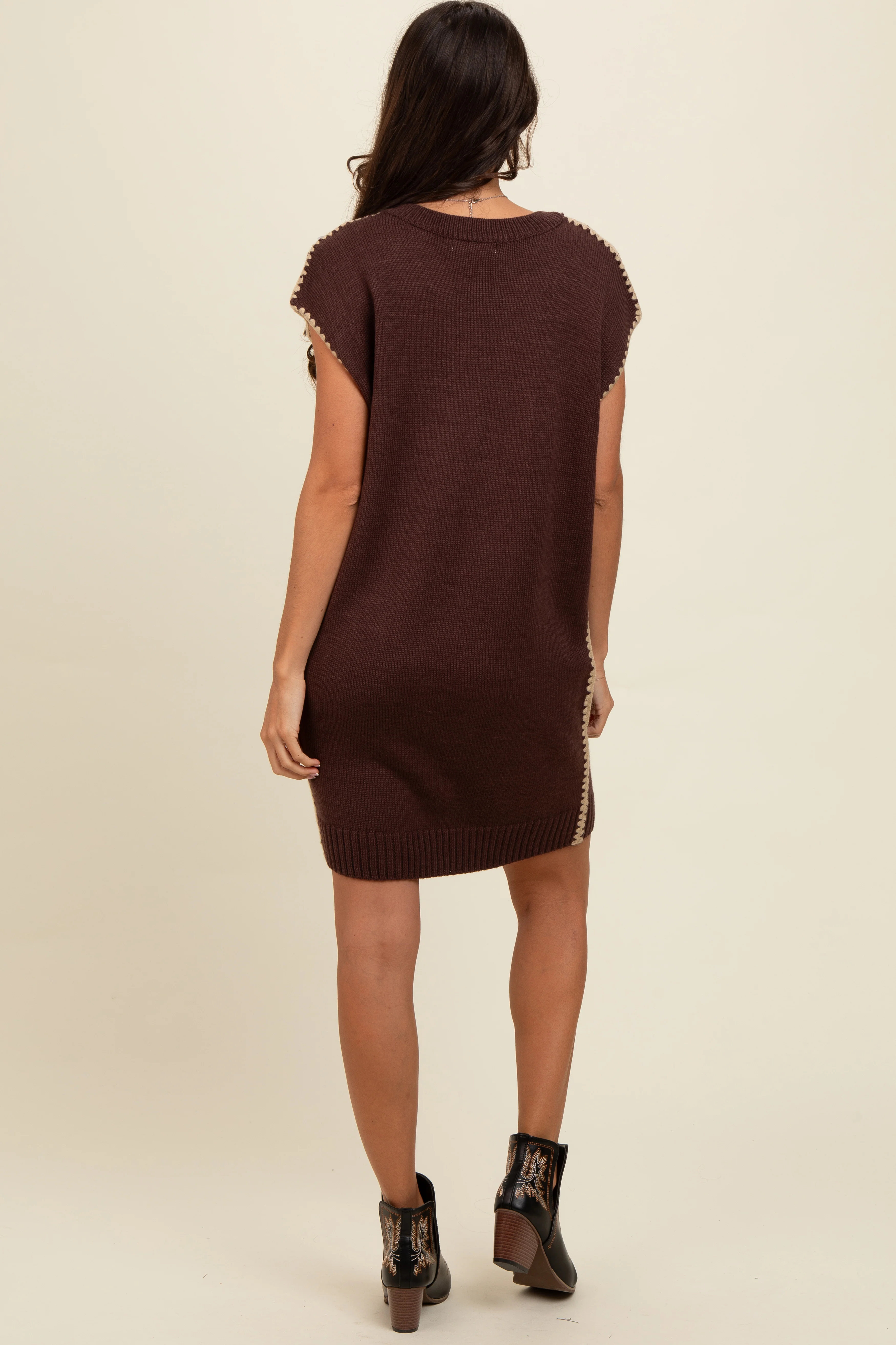 Brown Contrast Stitch V-Neck Mini Sweater Dress - Image 2