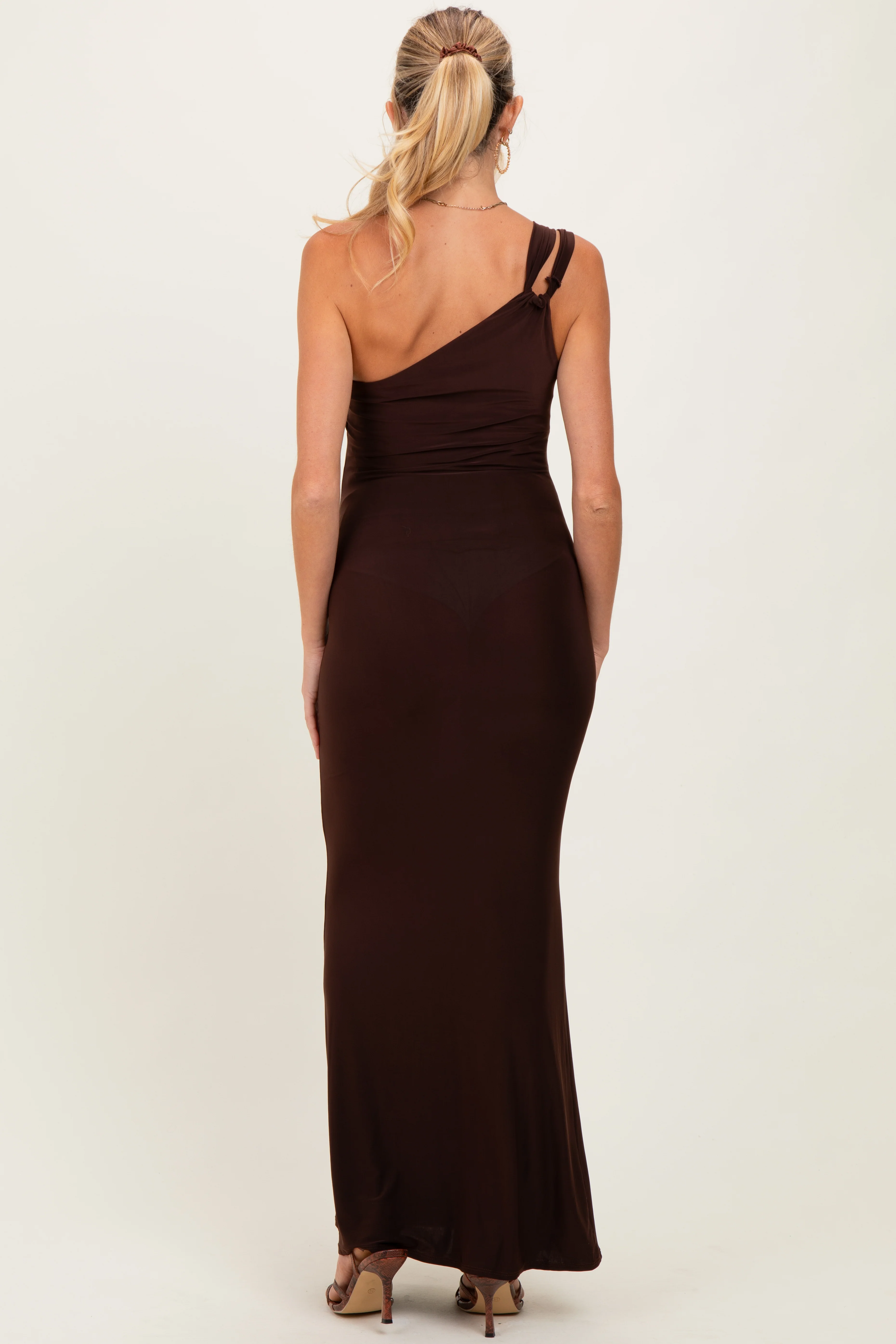 Brown Double Strap One Shoulder Maternity Maxi Dress - Image 3