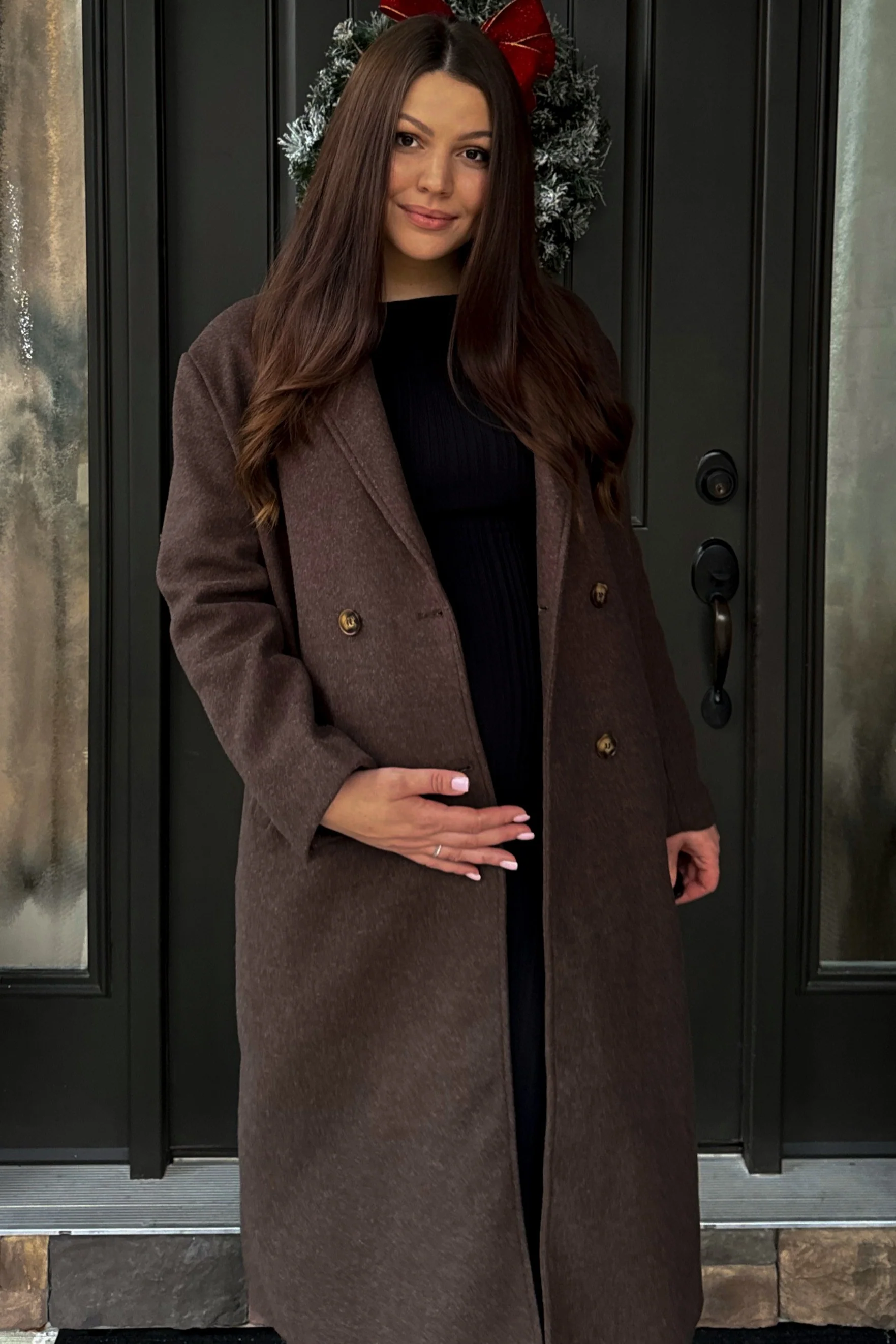 Brown Felted Double Breasted Lapel Maternity Button Coat - Image 2