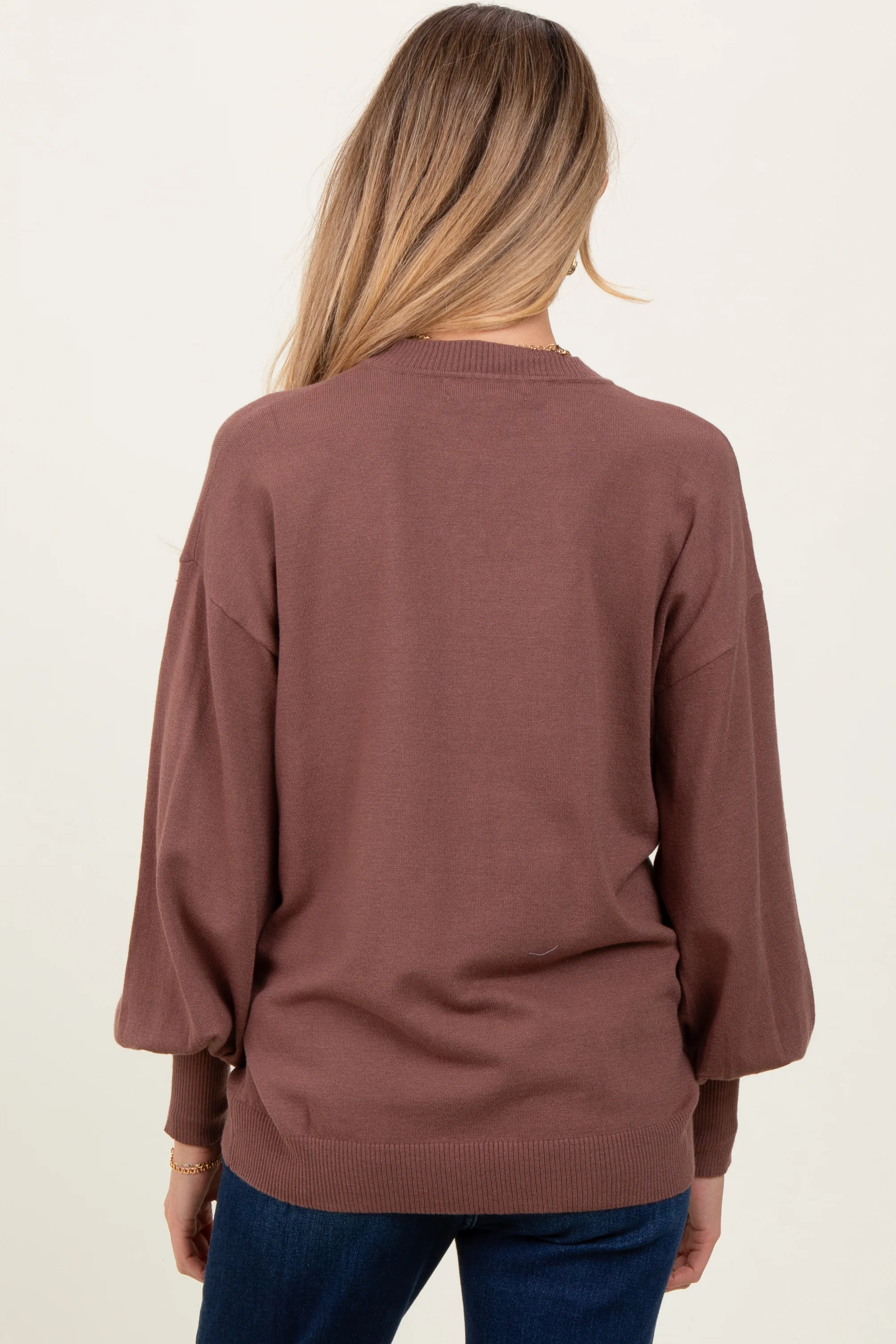 Brown Fine Knit Balloon Sleeve Maternity Sweater - Image 4