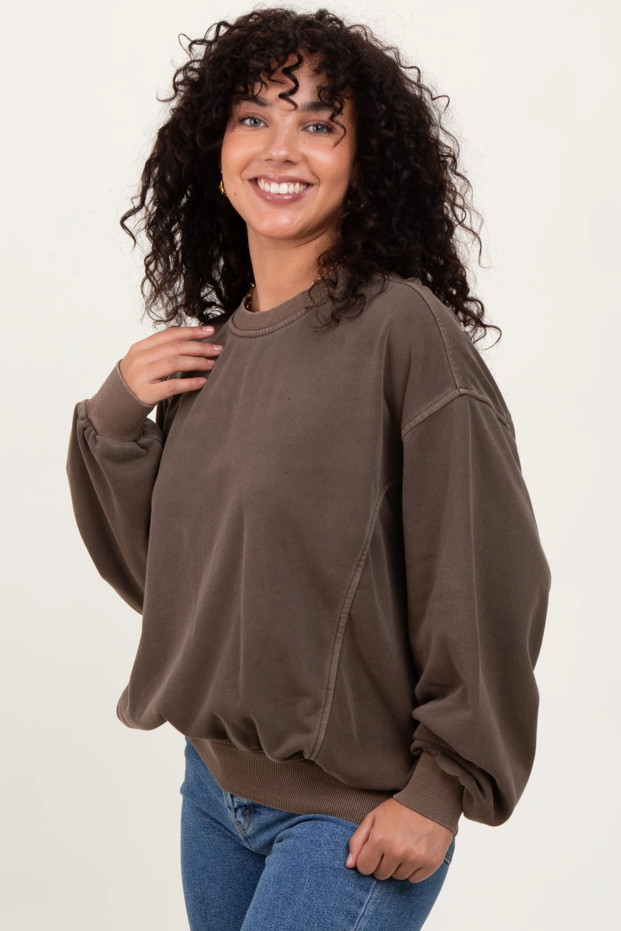 Brown Fleece Drop Shoulder Sweatshirt - Image 3