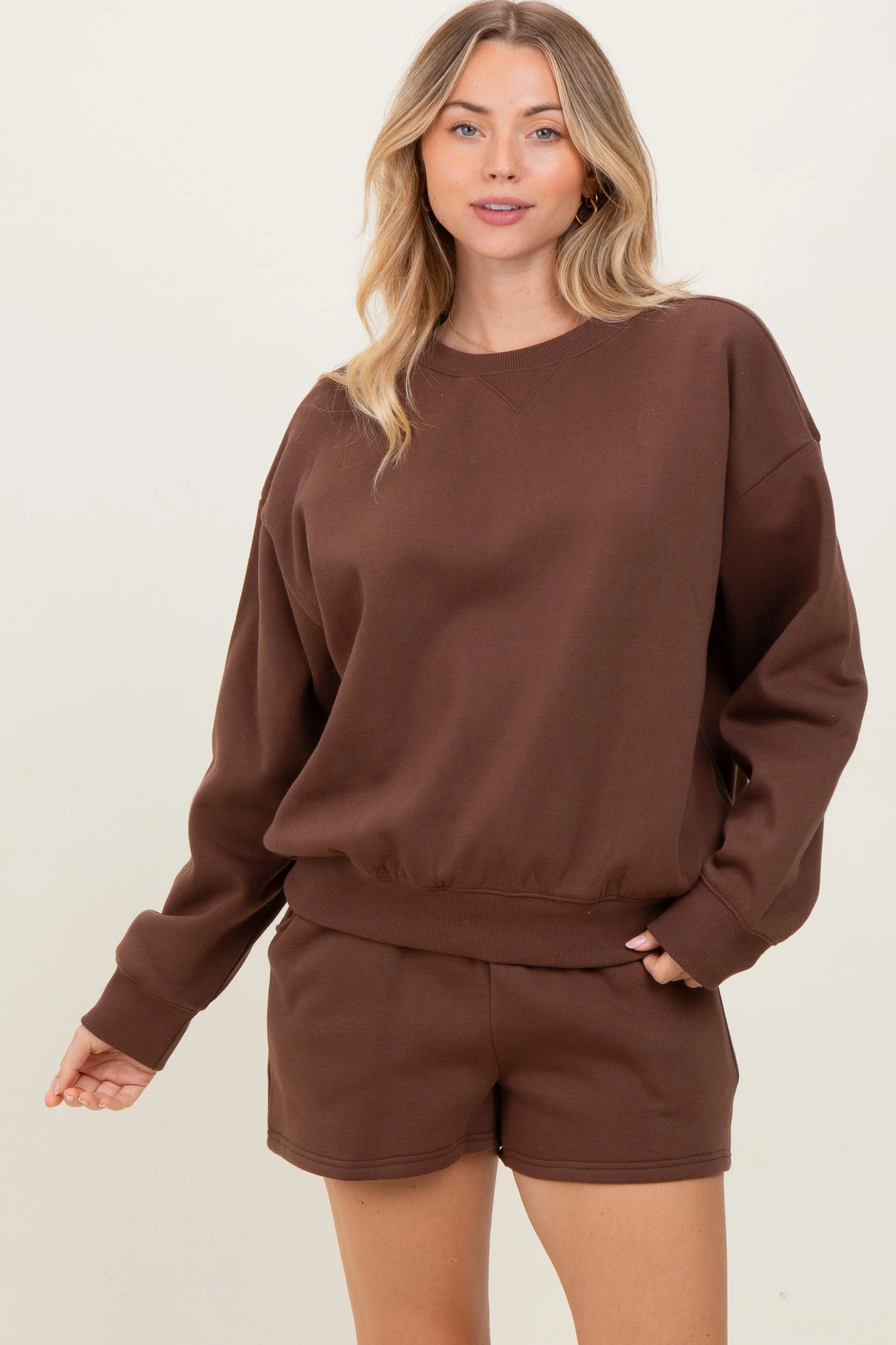 Brown Fleece Sweatshirt Shorts Maternity Set - Image 5