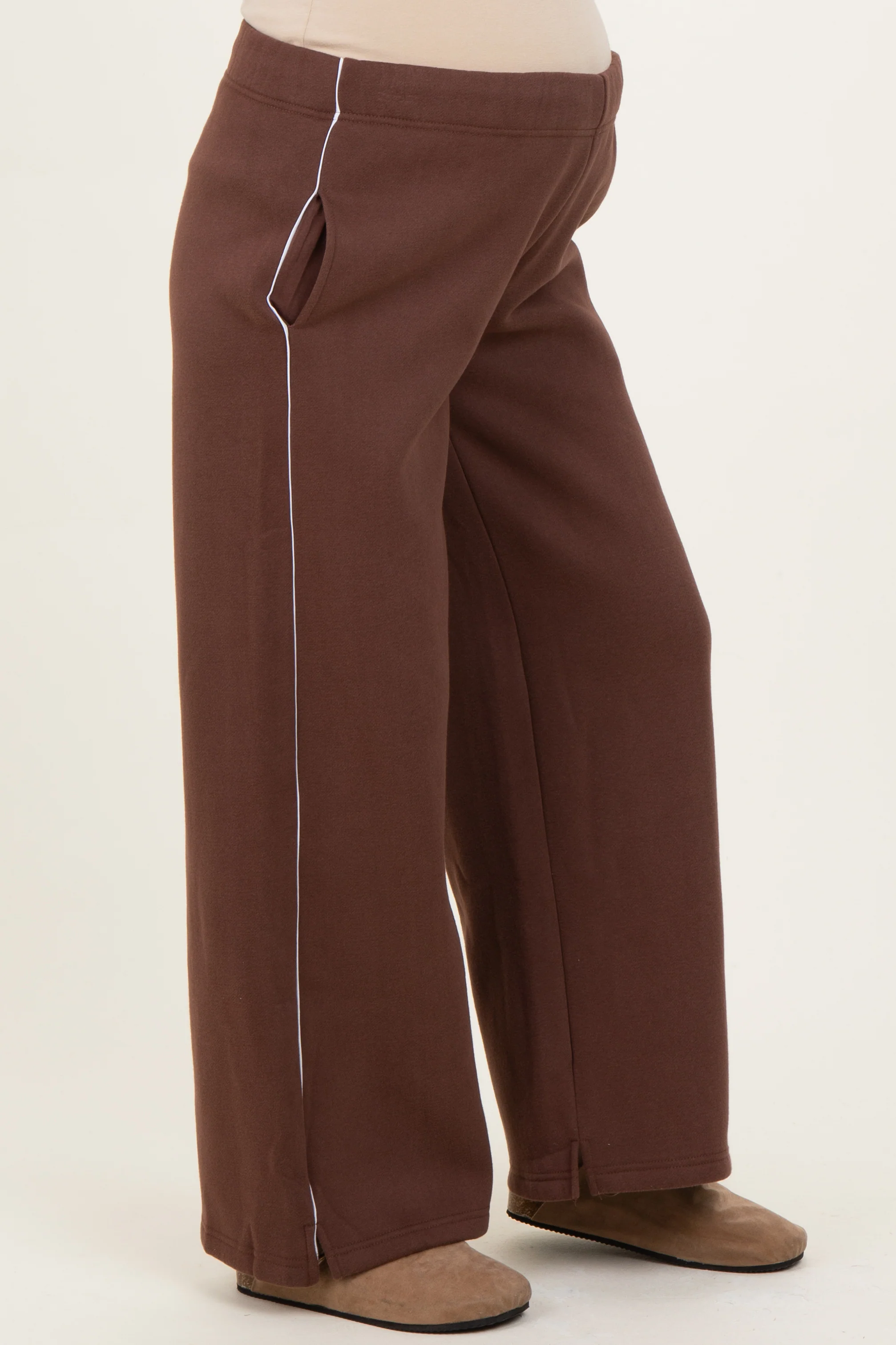 Brown Fleece Wide Leg Maternity Sweatpants - Image 3