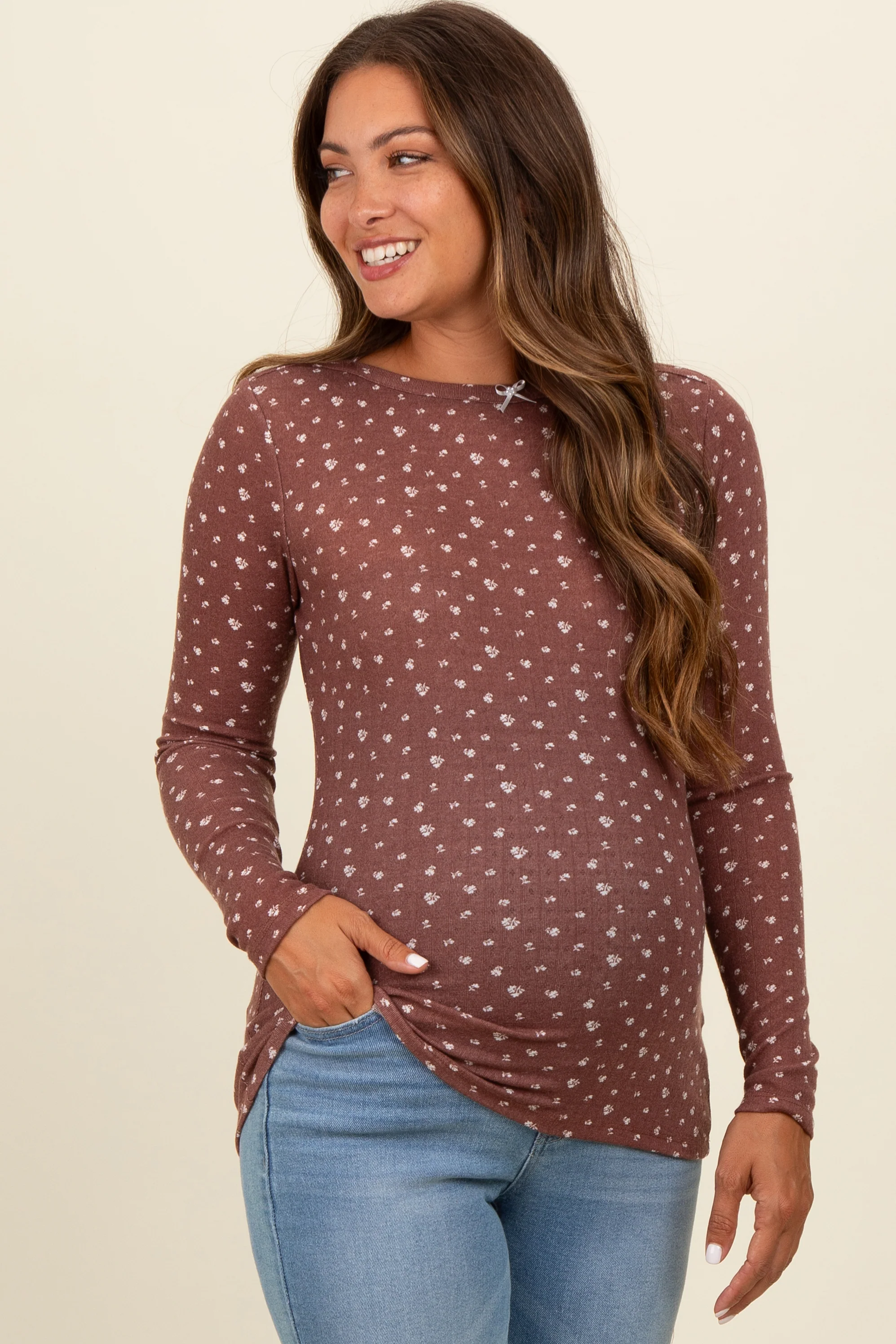 Brown Floral Bow Detail Long Sleeve Fitted Maternity Top - Image 3