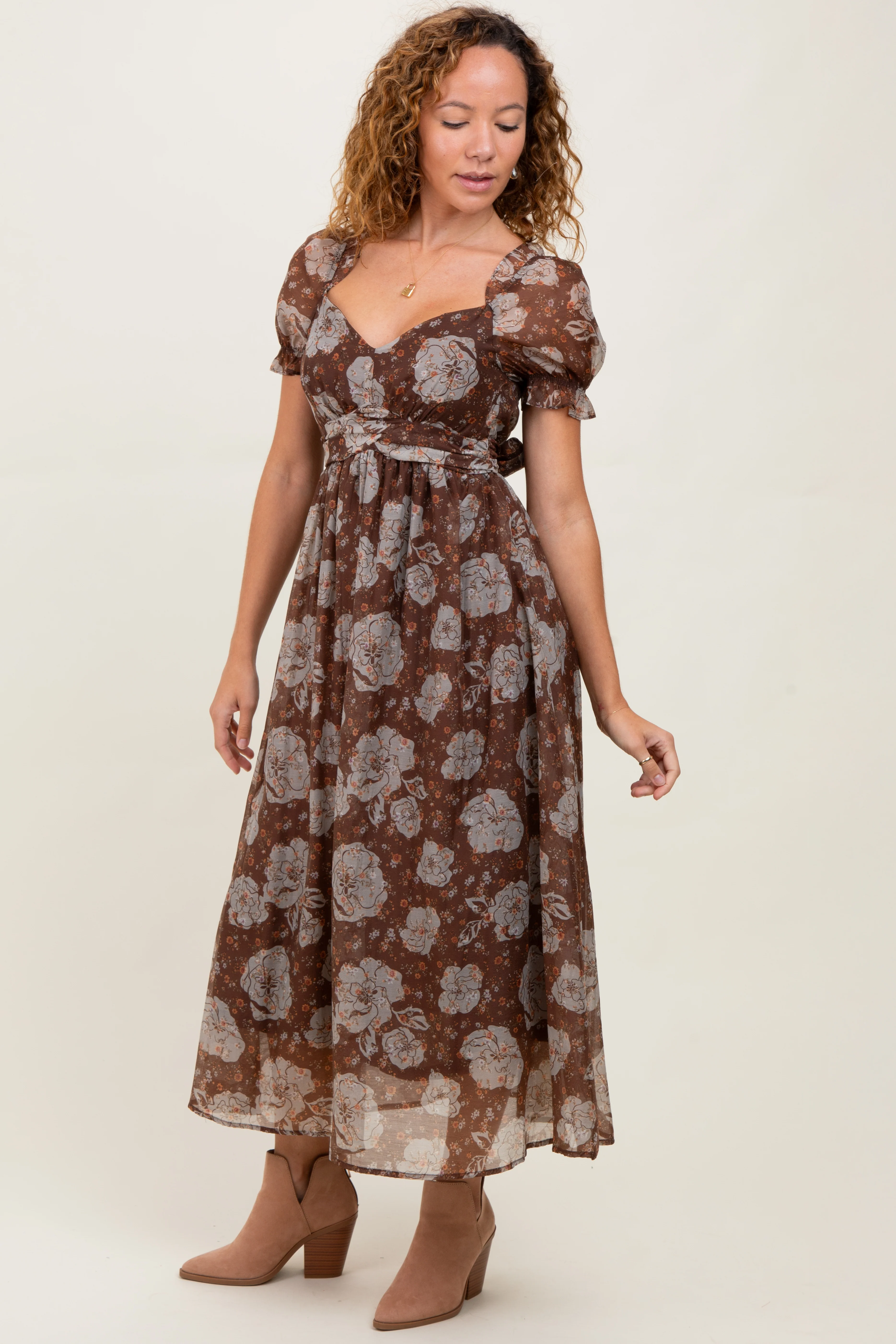 Brown Floral Chiffon Sweetheart Neckline Midi Dress - Image 3
