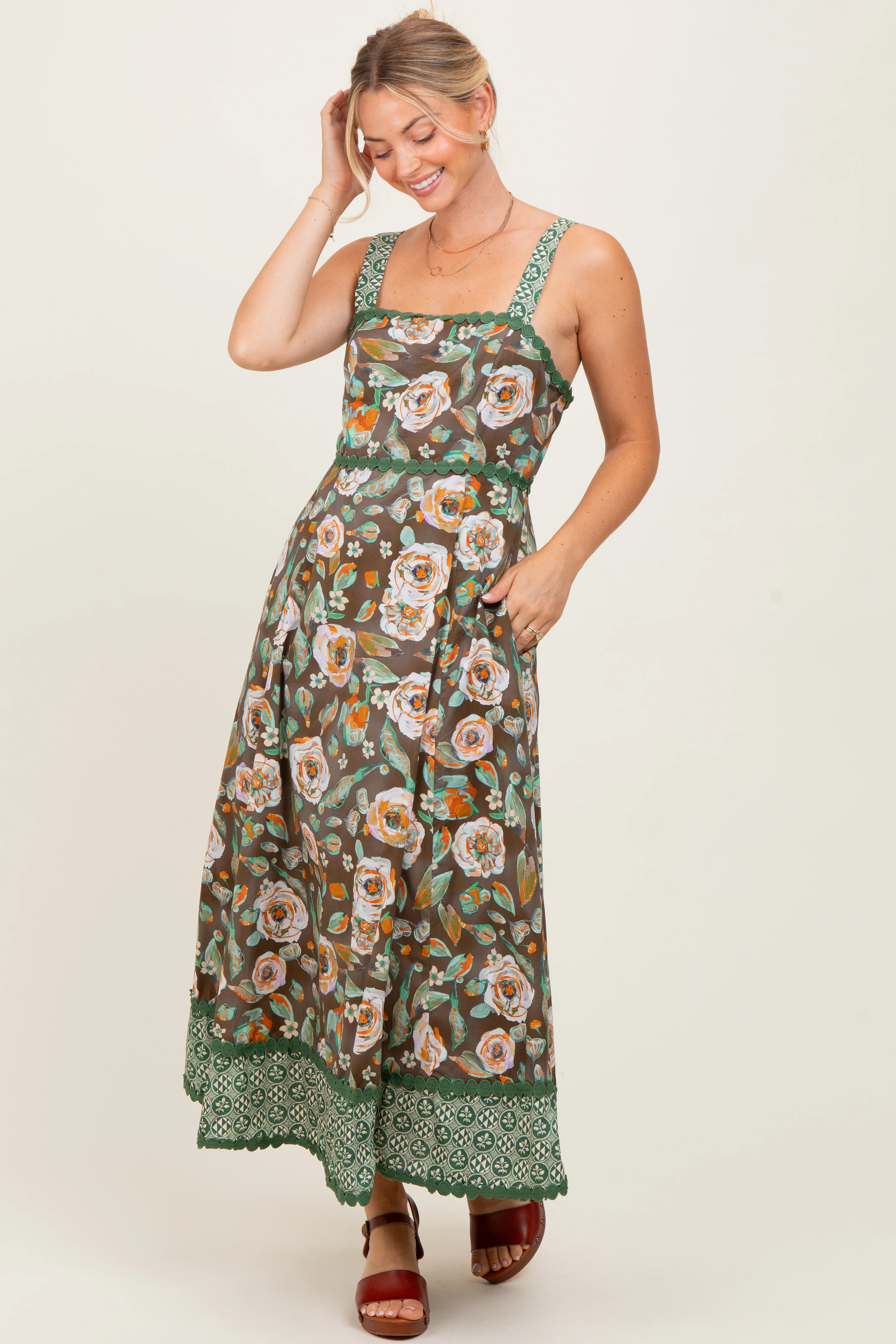 Brown Floral Contrast Print Sleeveless Midi Dress - Image 2