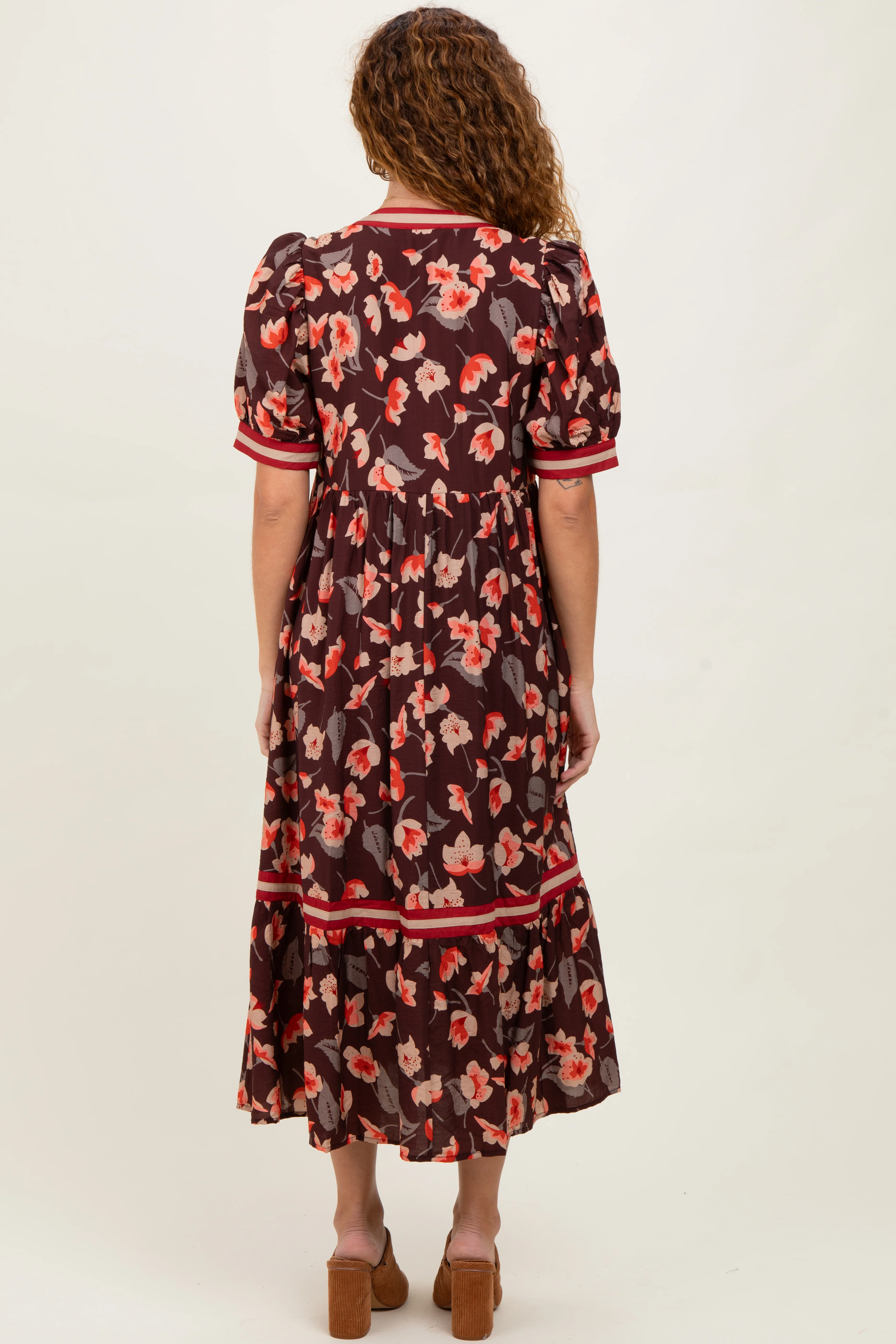 Brown Floral Contrast Trim Midi Dress - Image 3