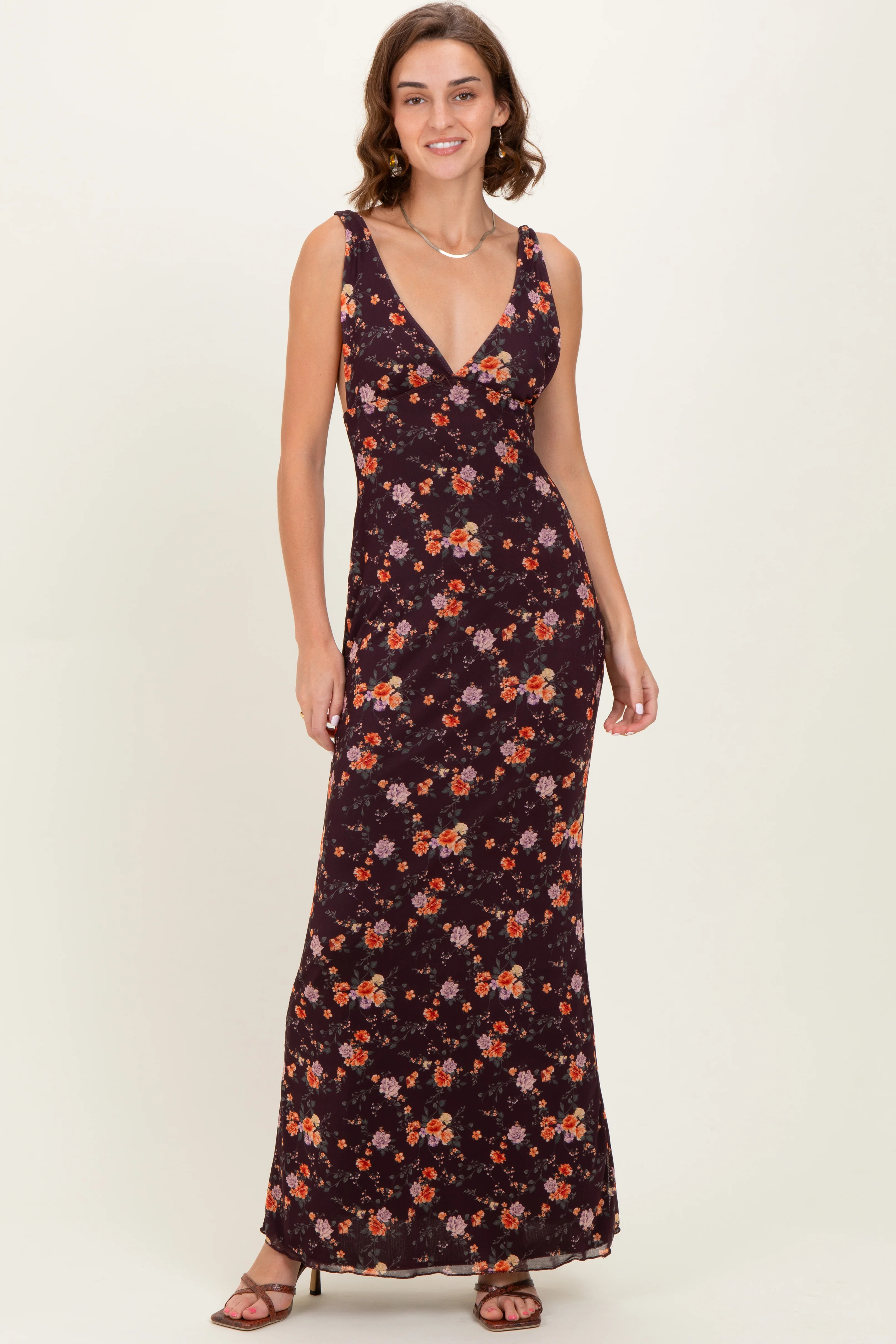 Brown Floral Deep V-Neck Sleeveless Maternity Maxi Dress - Image 5