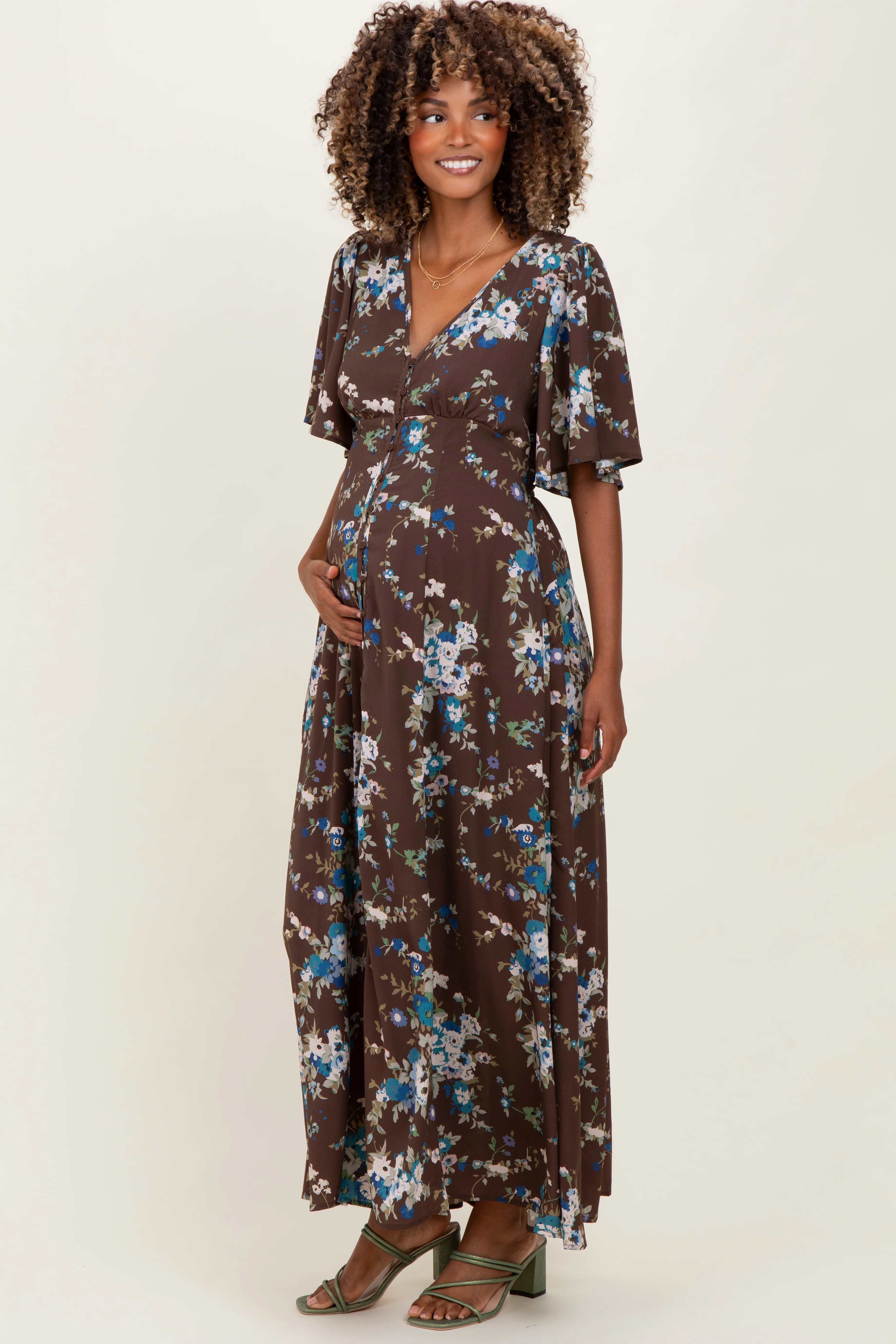 Brown Floral Flutter Button Down Maternity Maxi Dress - Image 3