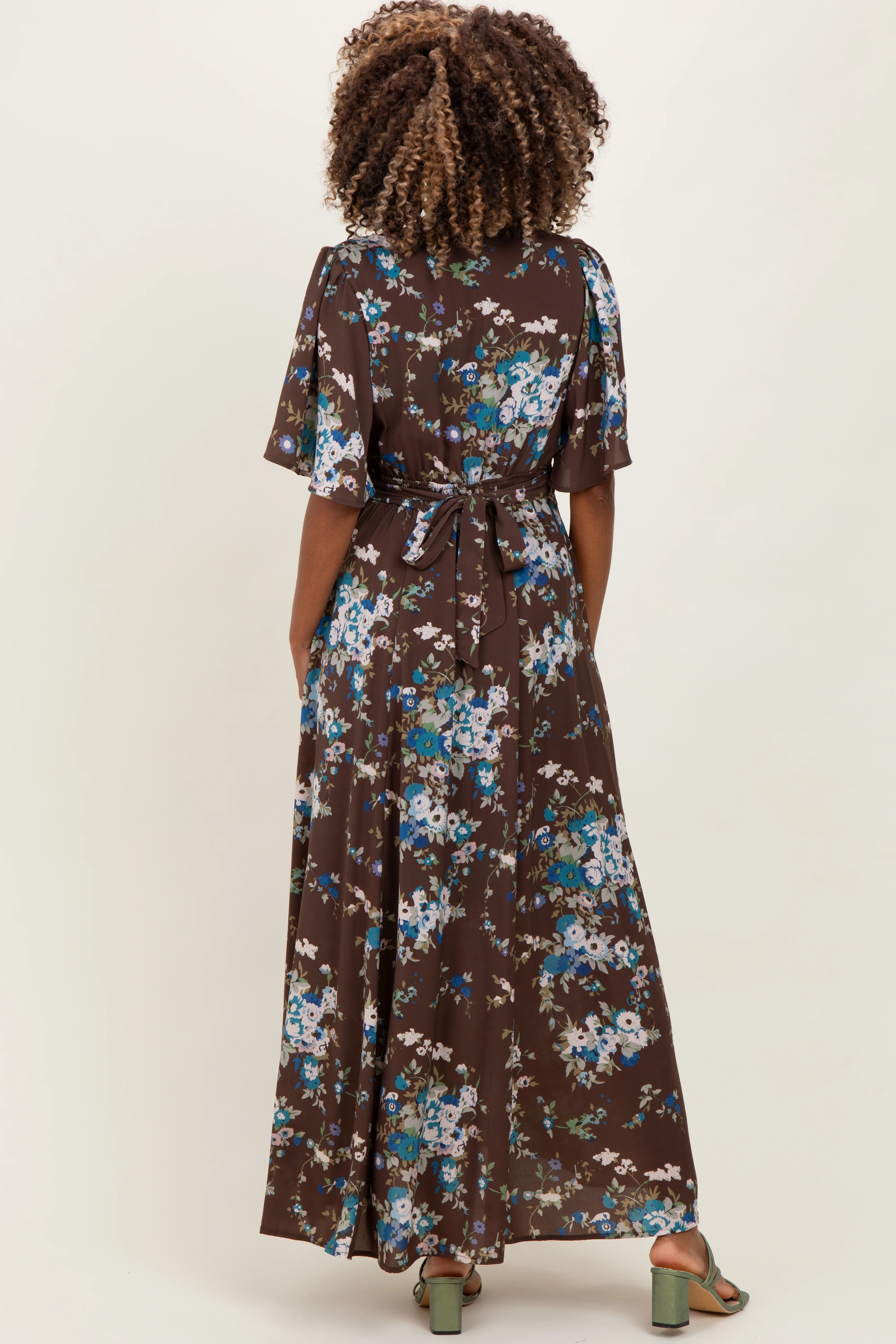 Brown Floral Flutter Button Down Maternity Maxi Dress - Image 4