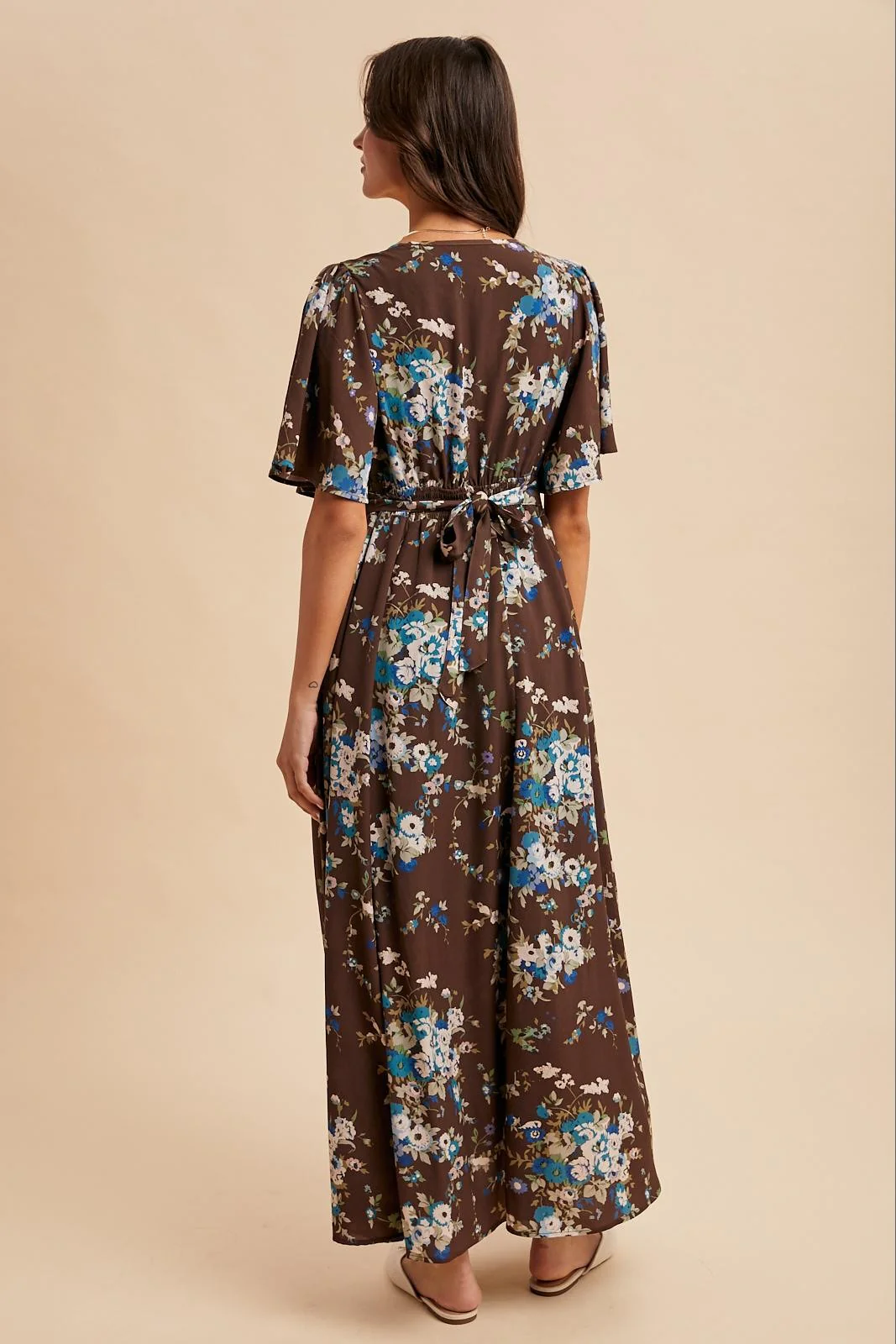 Brown Floral Flutter Button Down Maxi Dress - Image 4