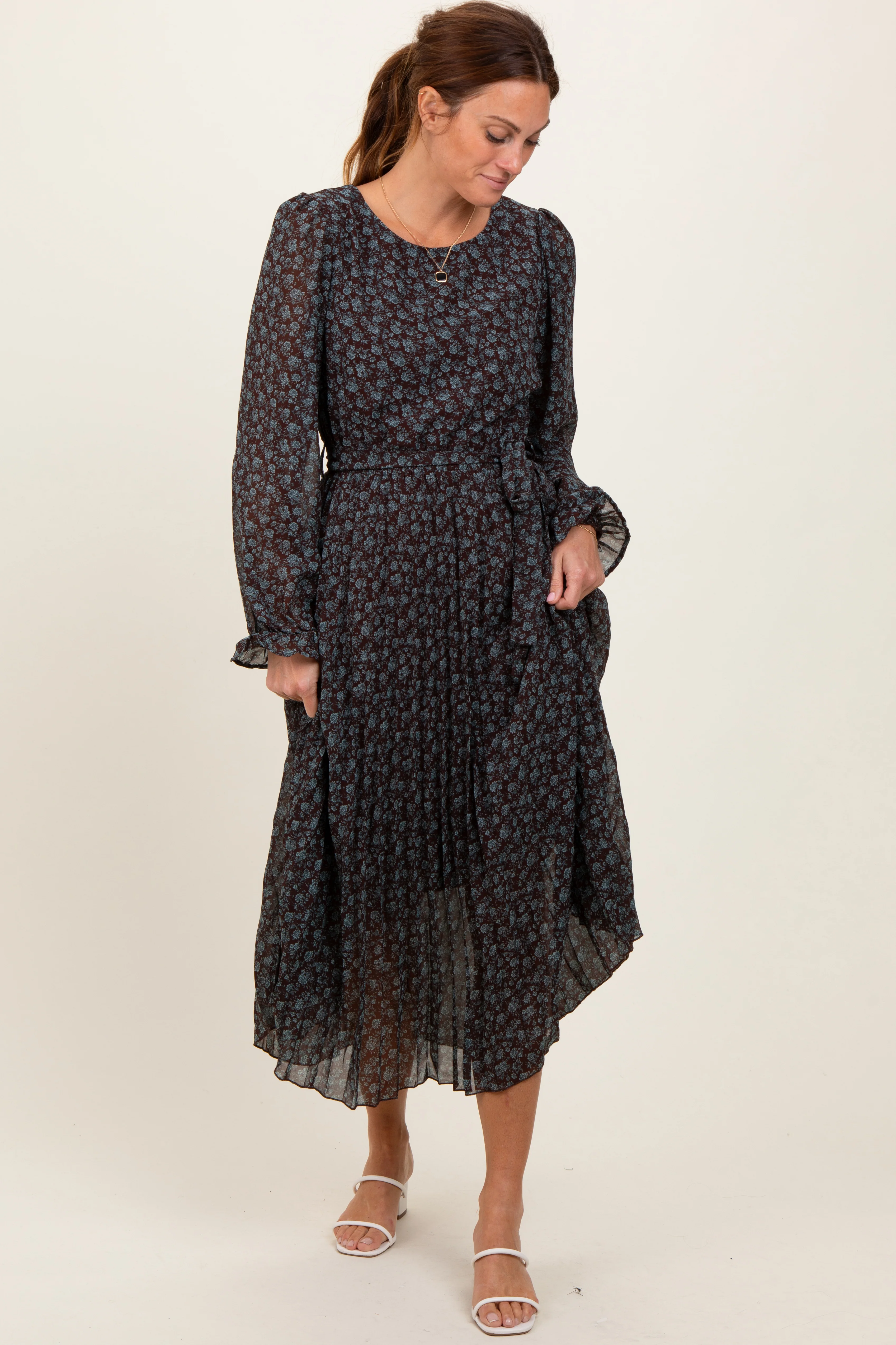 Brown Floral Front Tie Pleated Maternity Midi Dress - Image 3