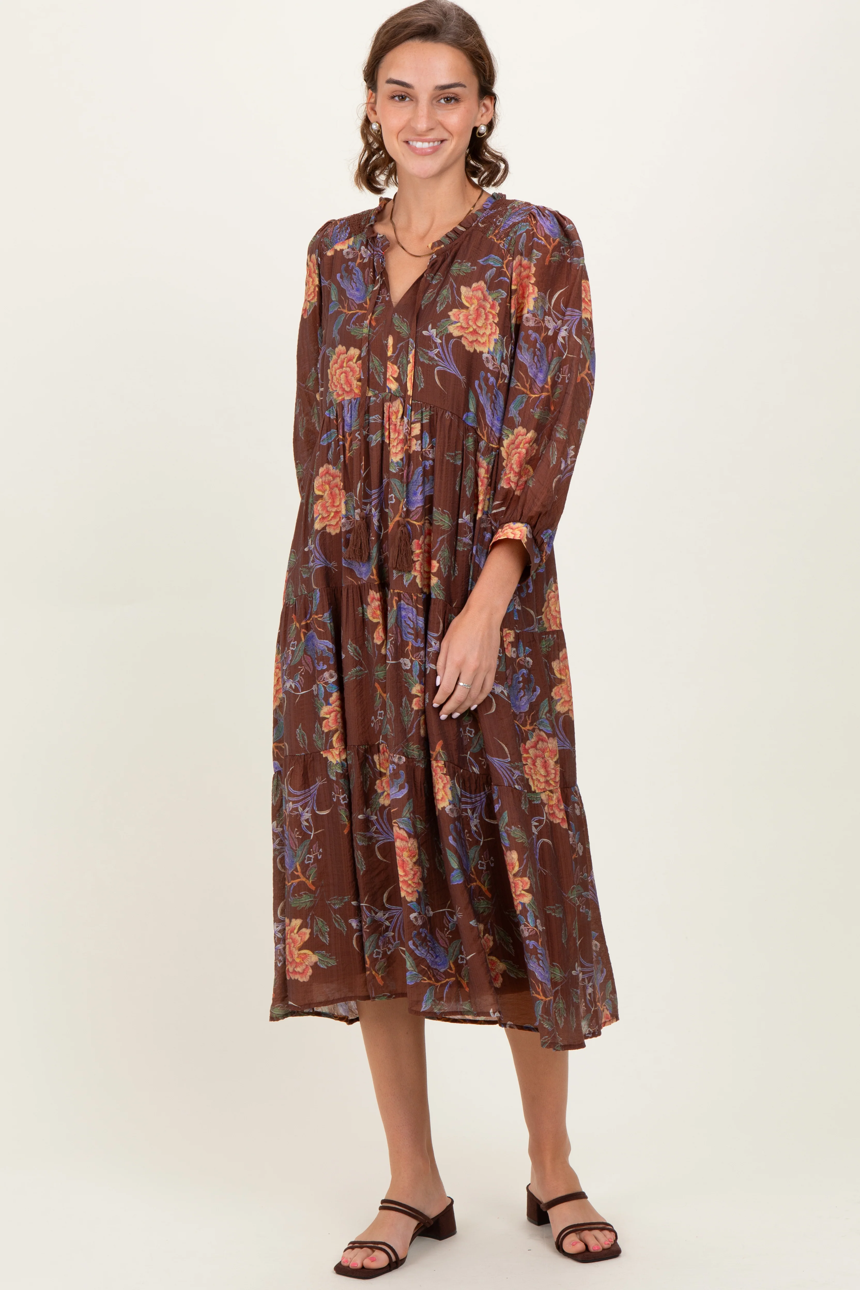 Brown Floral Front Tie Tiered Maternity Midi Dress - Image 4