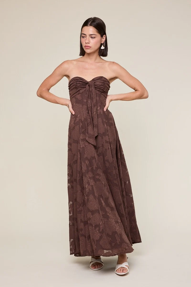 Brown Floral Jacquard Strapless Open Back Maxi Dress - Image 2