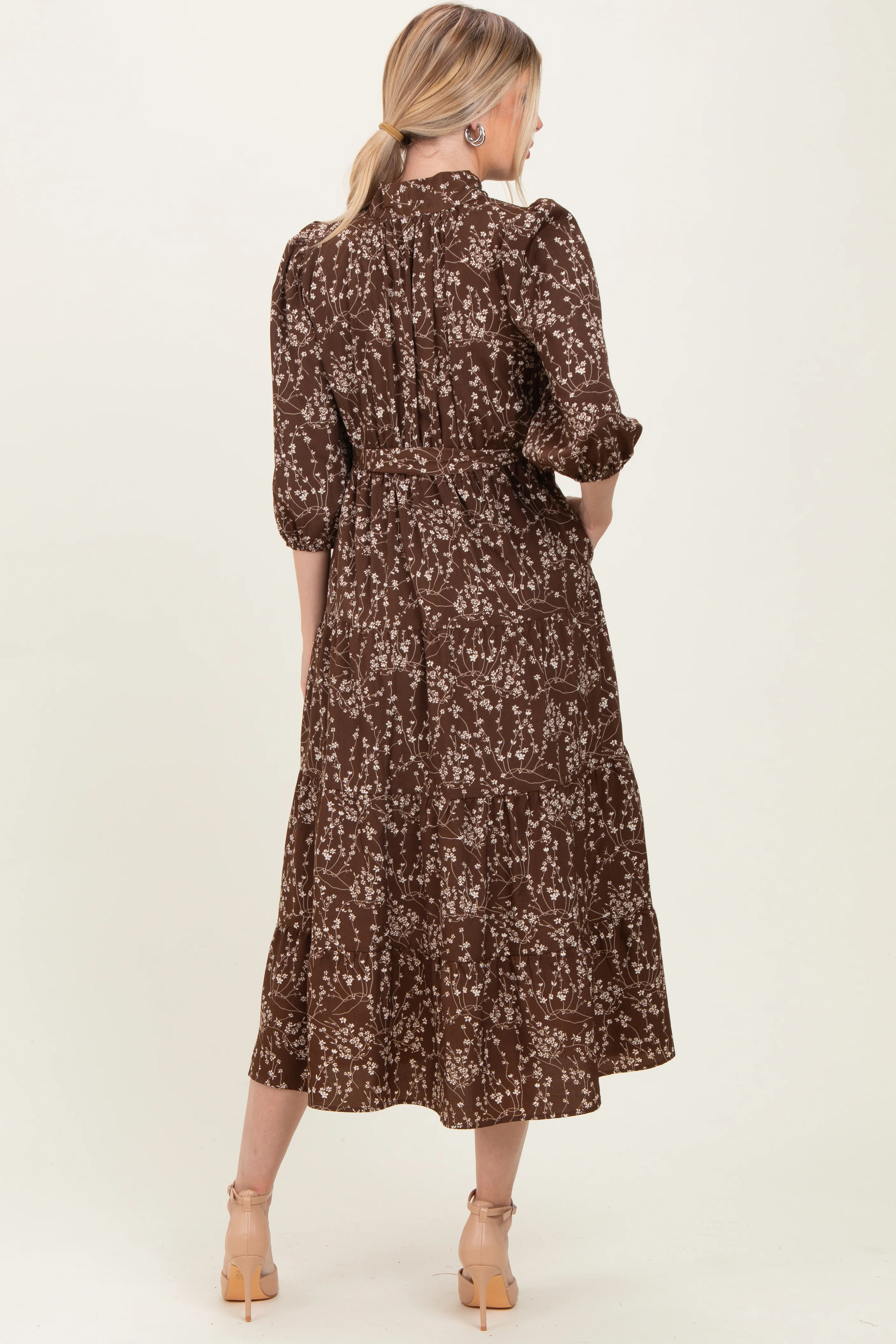 Brown Floral Neck Tie Midi Dress - Image 3