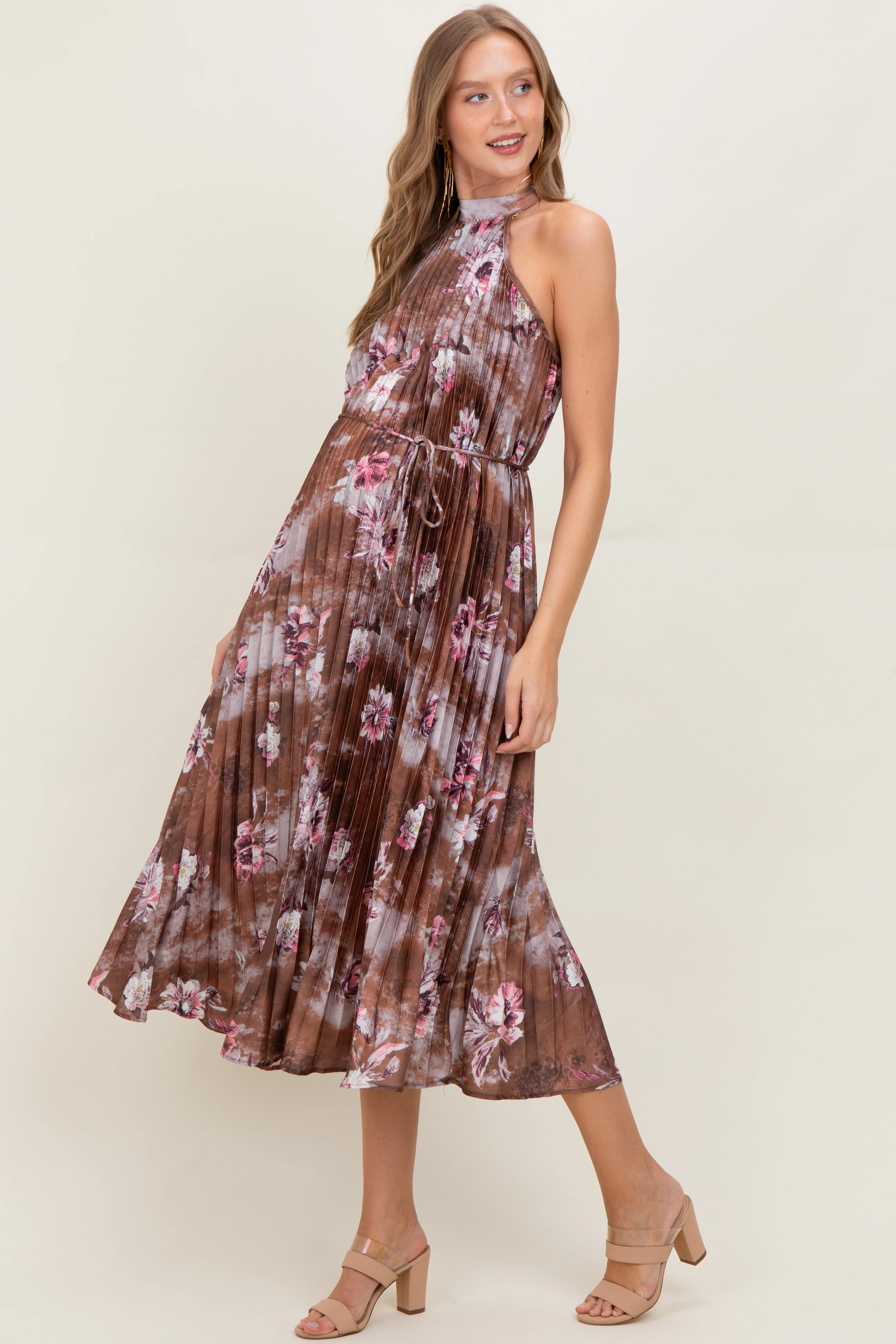Brown Floral Pleated Halter Maternity Midi Dress - Image 3