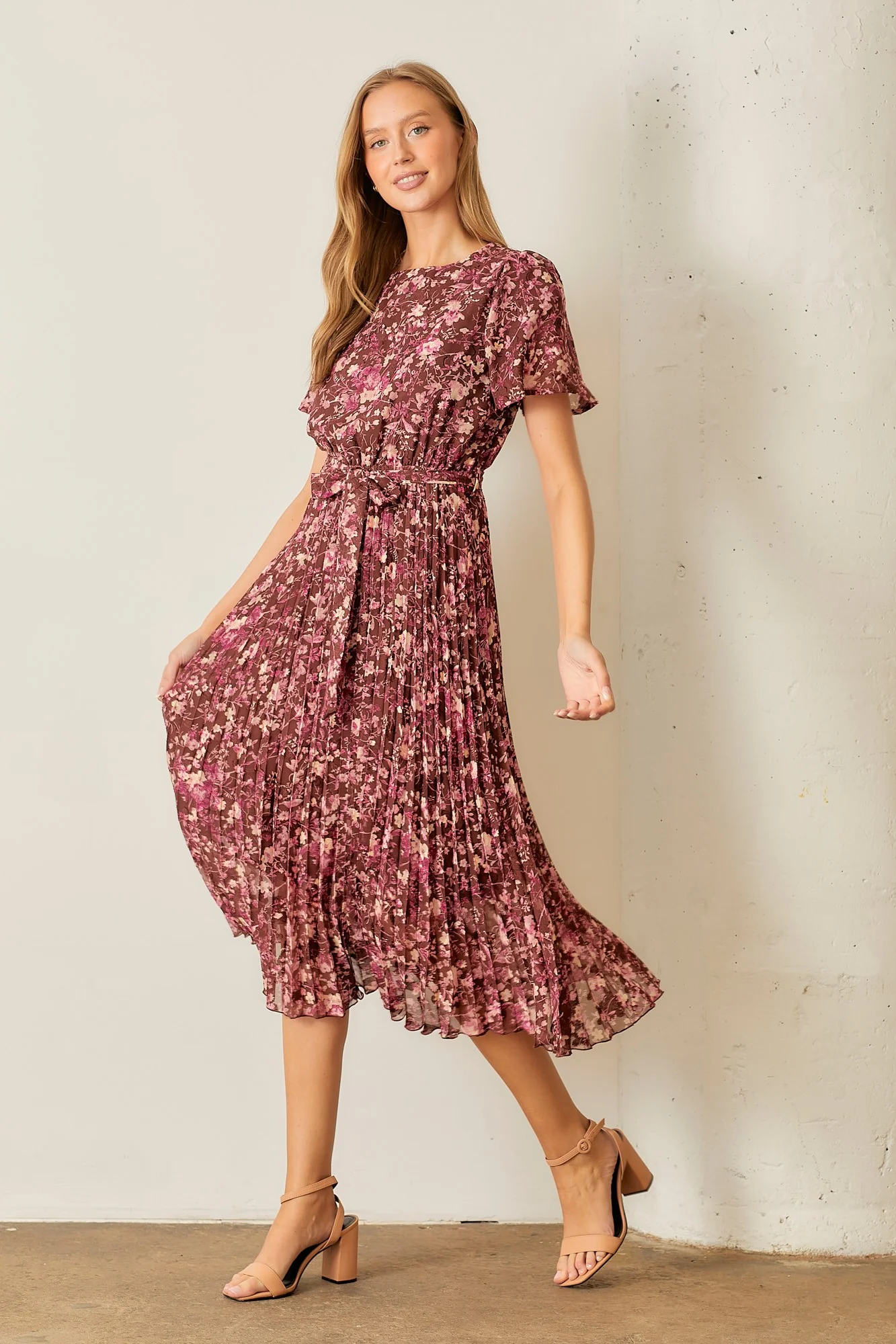 Brown Floral Pleated Midi Dress - Image 6