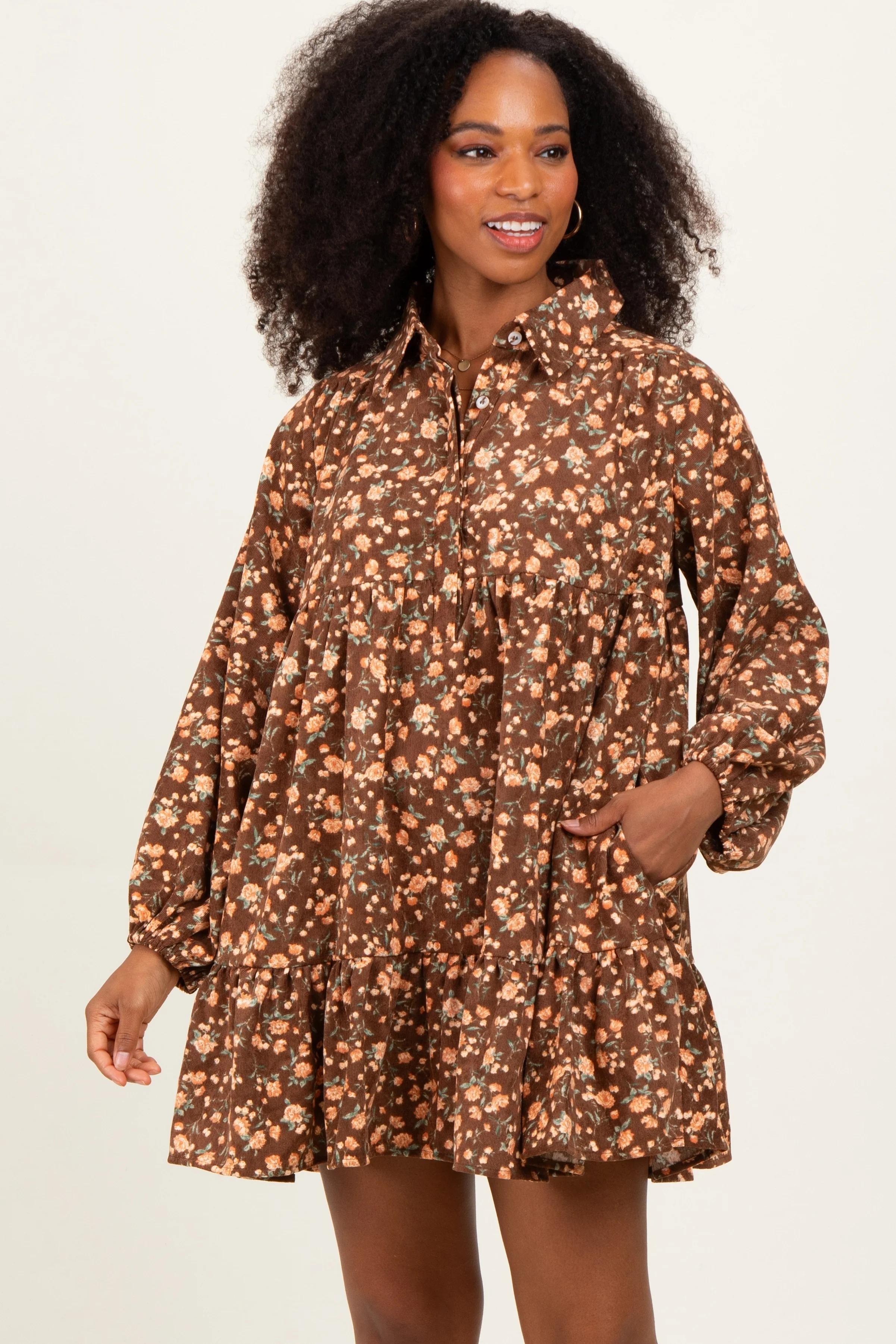 Brown Floral Print Shirring Half Buttoned Maternity Shirt Dress - Image 3