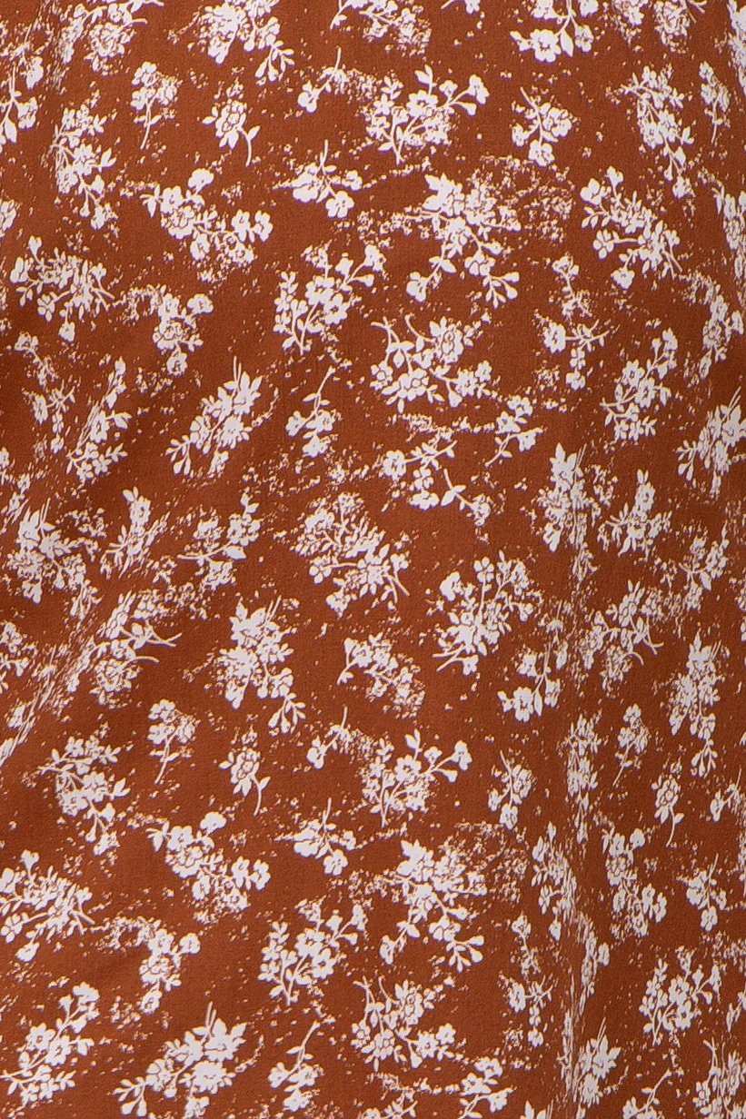 Brown Floral Ruffle Sleeve Smocked Maternity Dress - Image 4