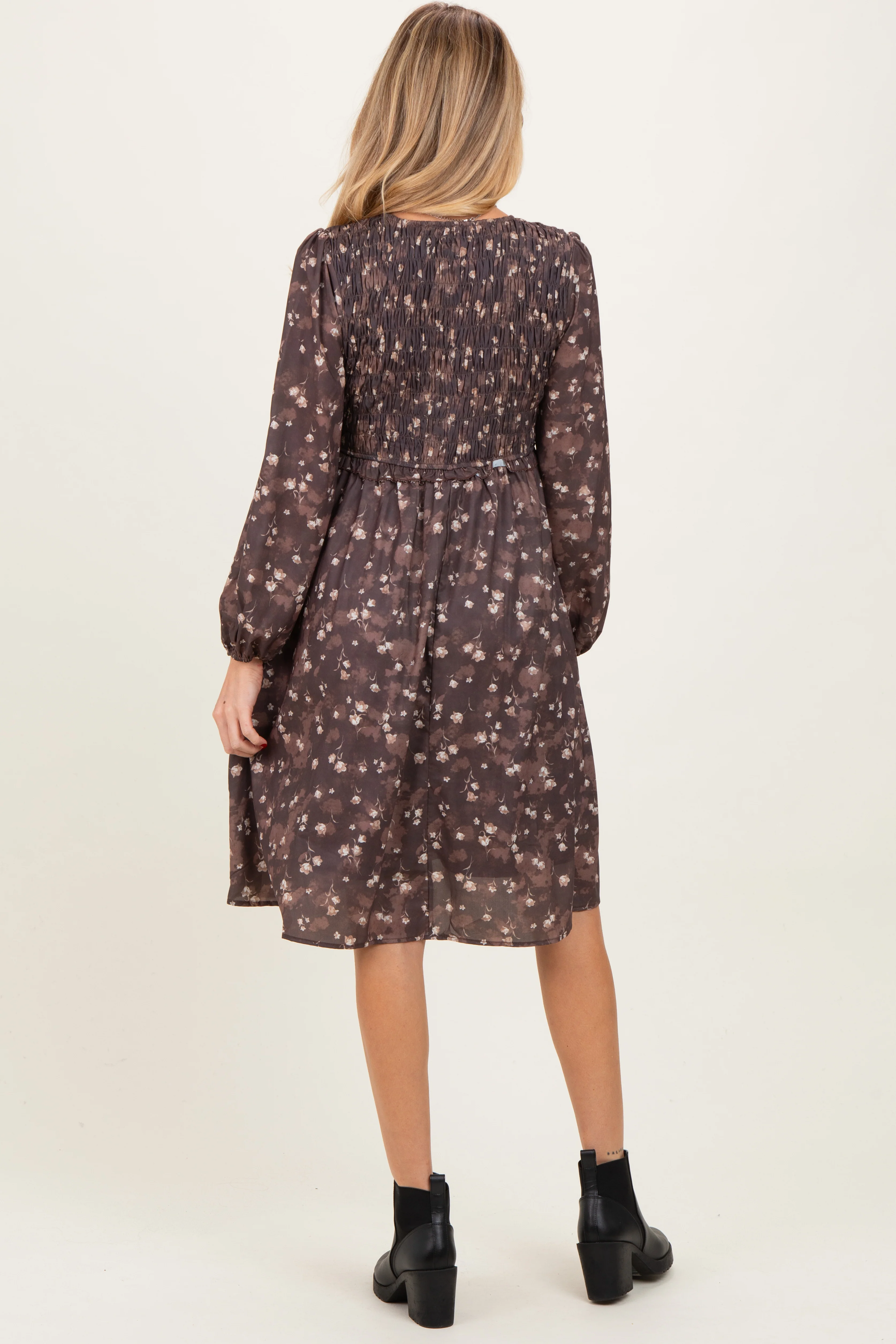 Brown Floral Smocked Long Sleeve Maternity Dress - Image 4