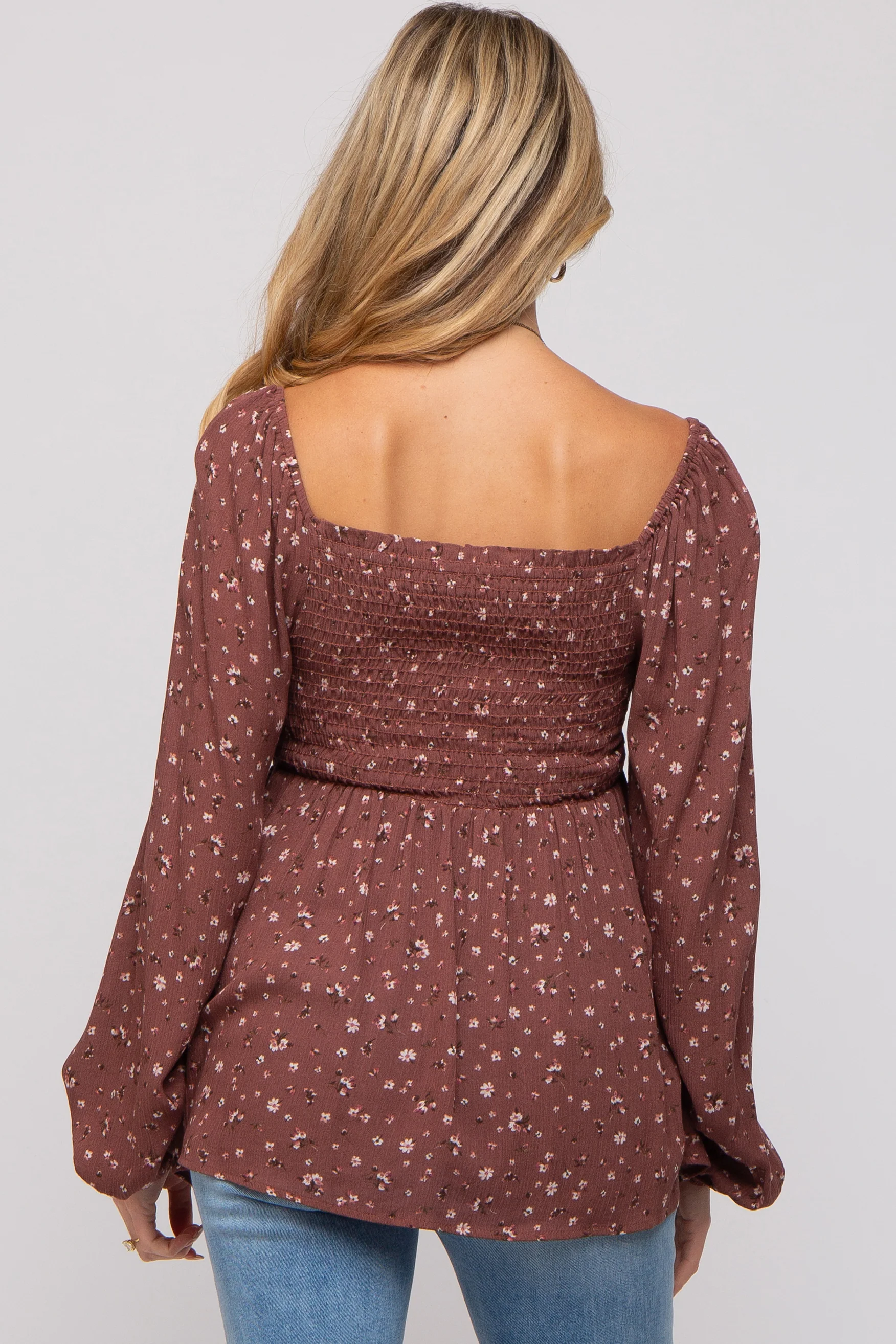 Brown Floral Smocked Long Sleeve Maternity Top - Image 3