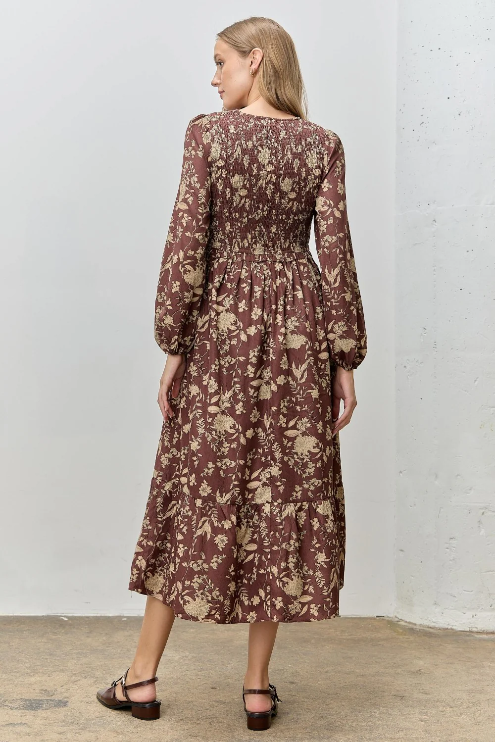 Brown Floral Smocked Long Sleeve Midi Dress - Image 3