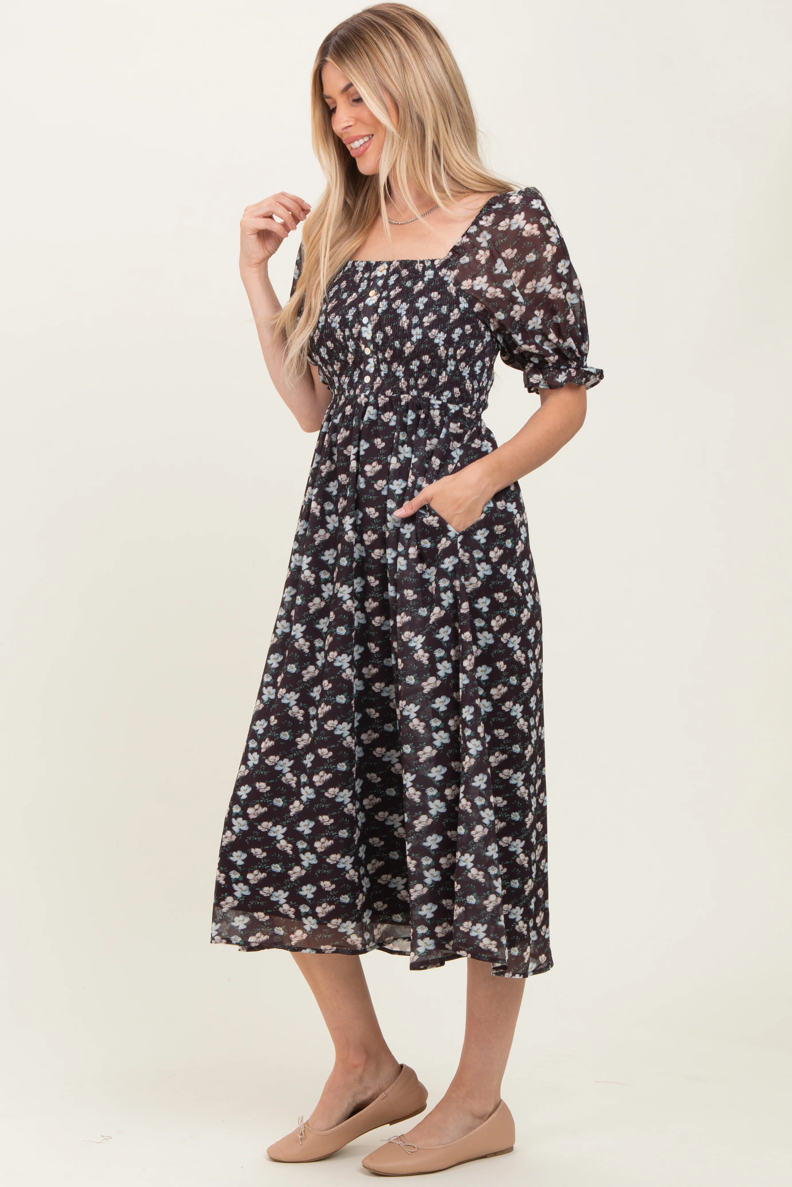 Brown Floral Smocked Puff Sleeve Midi Dress - Image 5