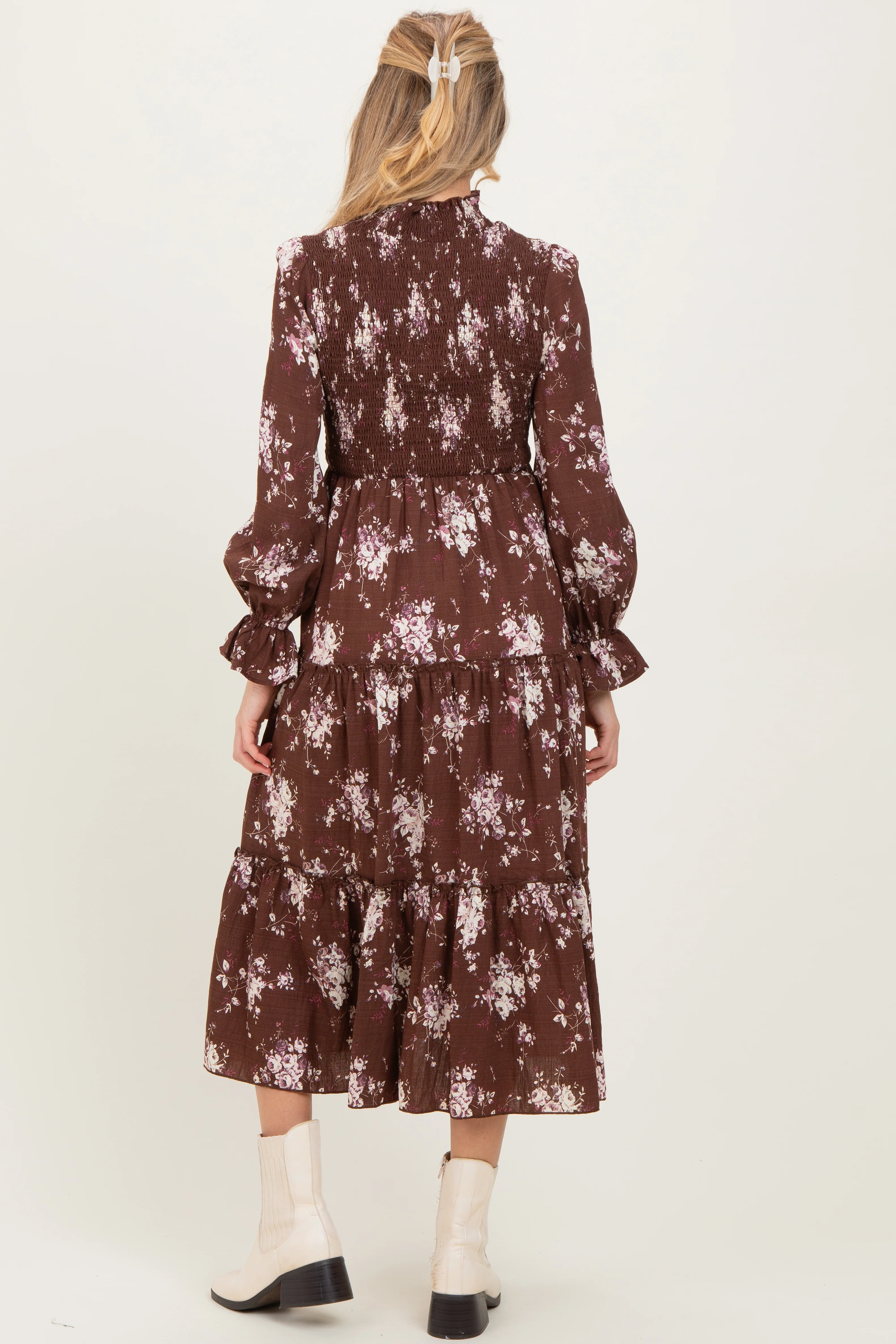 Brown Floral Smocked Ruffle Tier Maternity Midi Dress - Image 4
