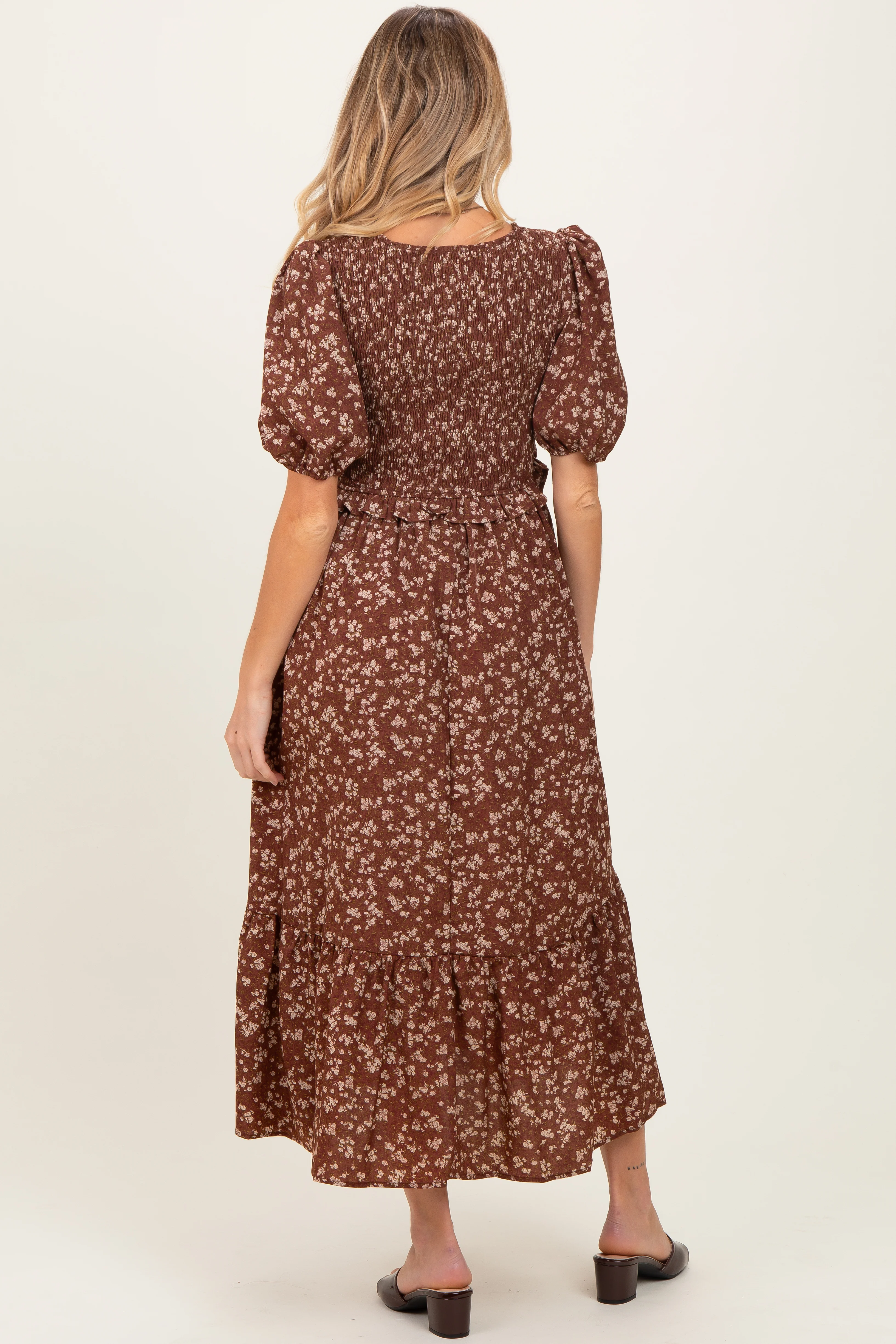 Brown Floral Smocked Short Sleeve Maternity Midi Dress - Image 4