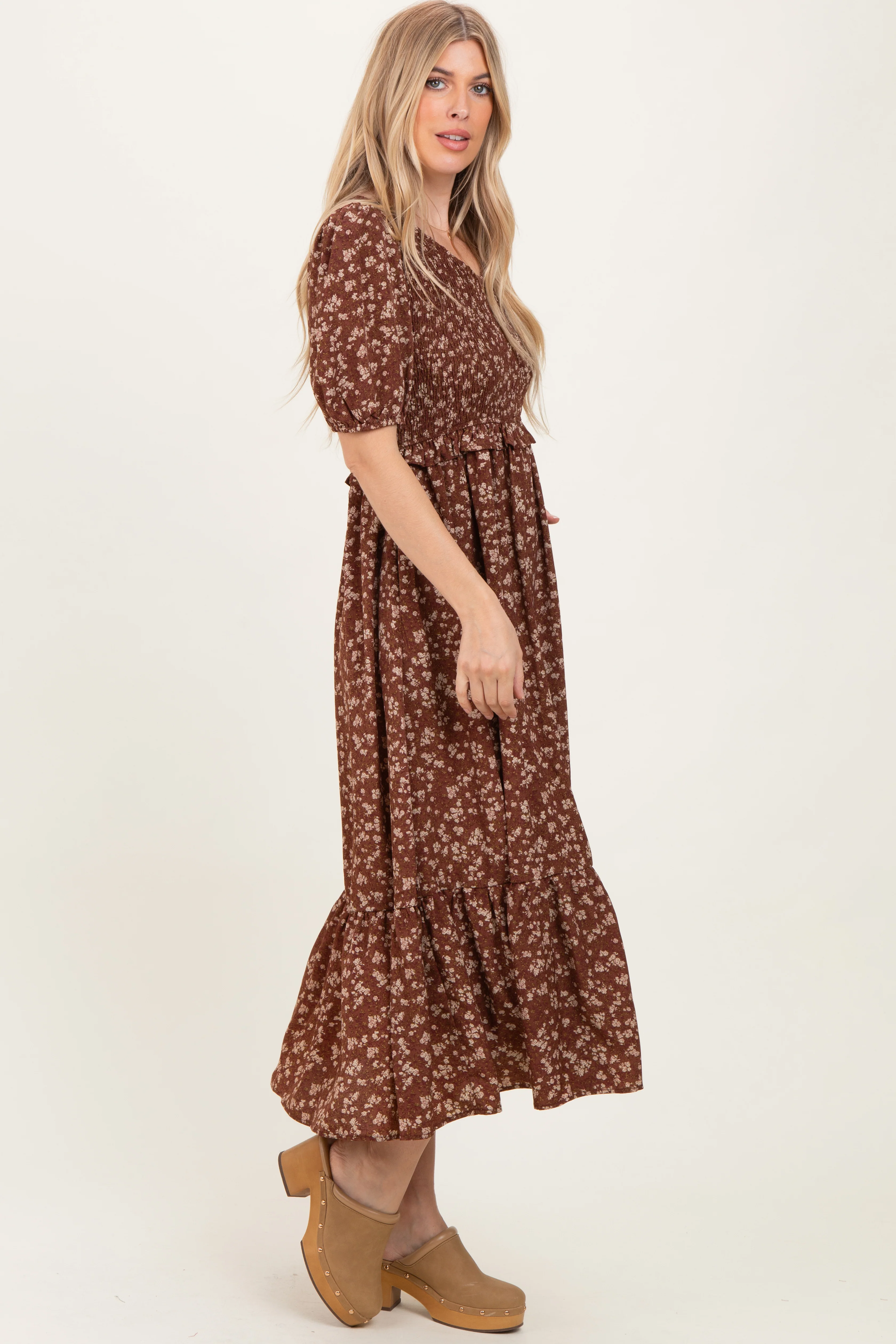 Brown Floral Smocked Short Sleeve Midi Dress - Image 3