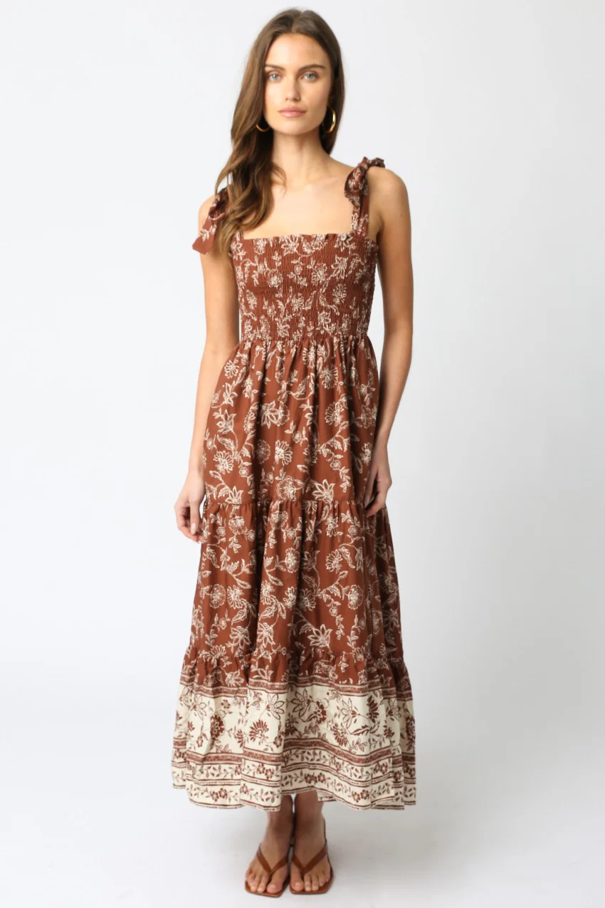 Brown Floral Smocked Shoulder Tie Maternity Maxi Dress - Image 4
