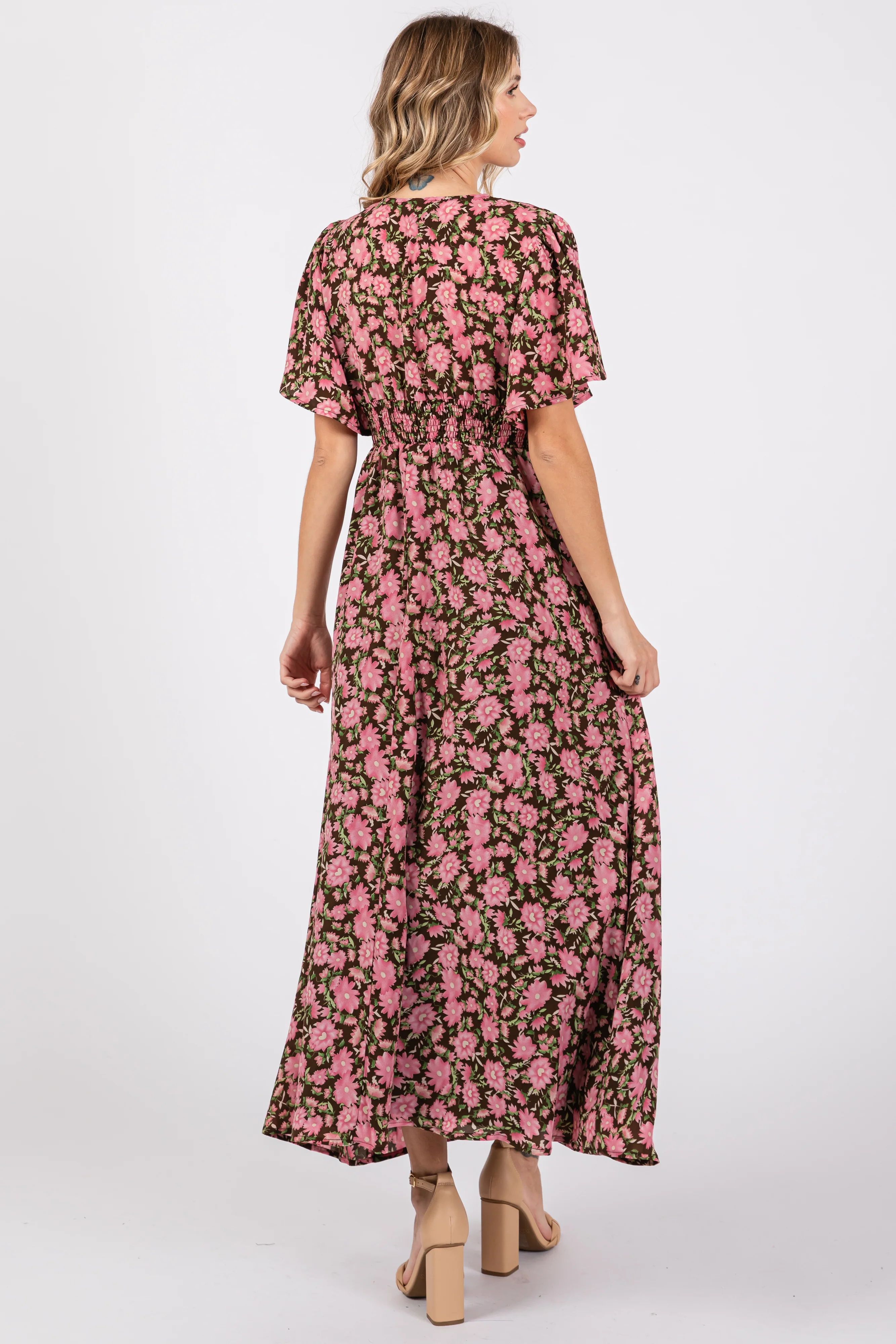 Brown Floral Smocked Waist Maxi Dress - Image 3