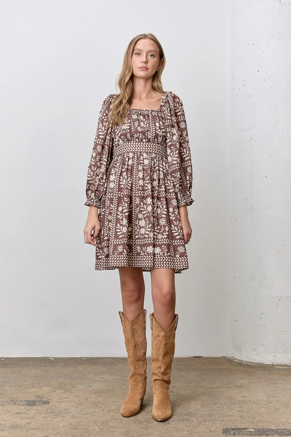 Brown Floral Square Neck Bubble Sleeve Maternity Dress - Image 4