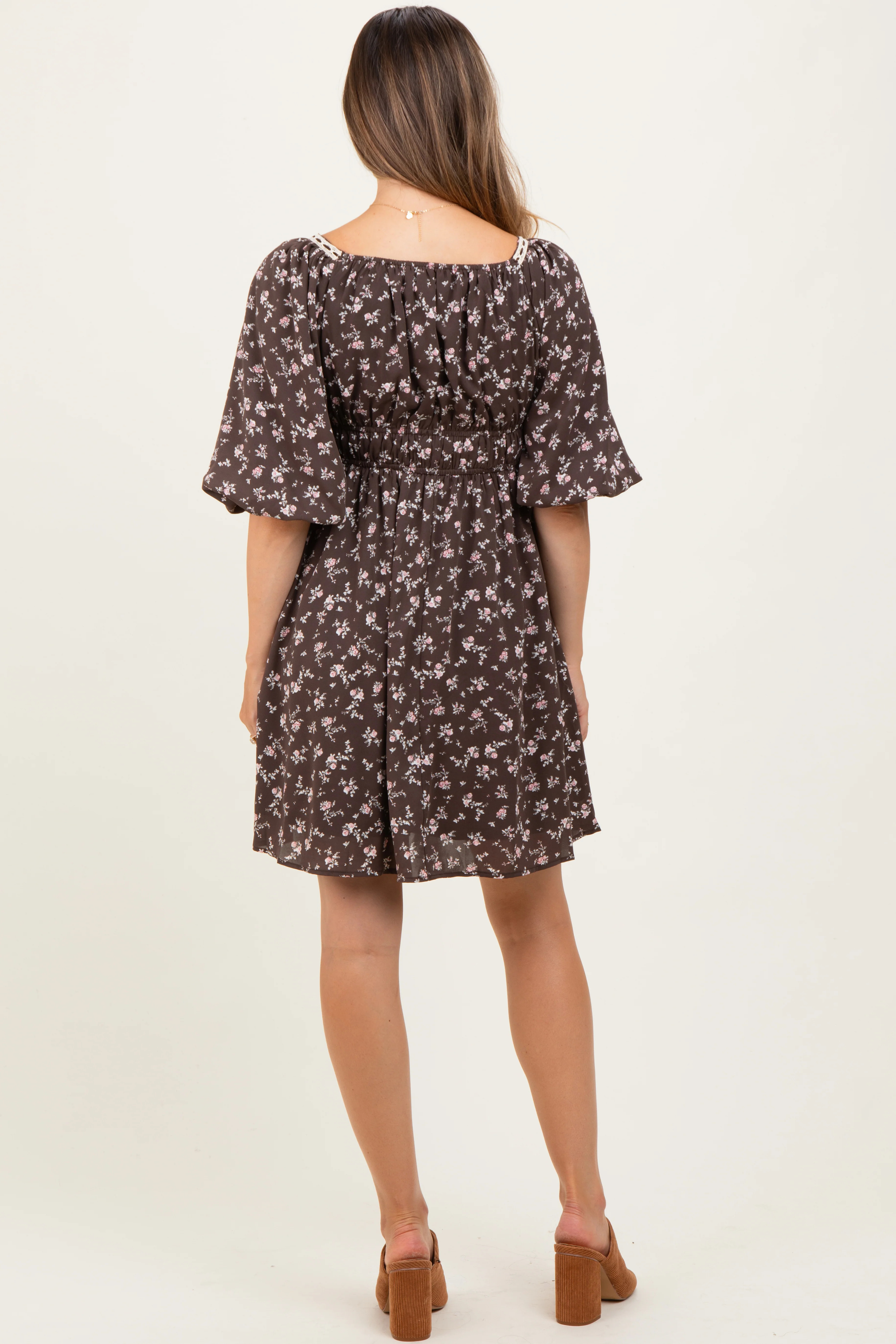 Brown Floral Square Neck Bubble Sleeve Maternity Dress - Image 4