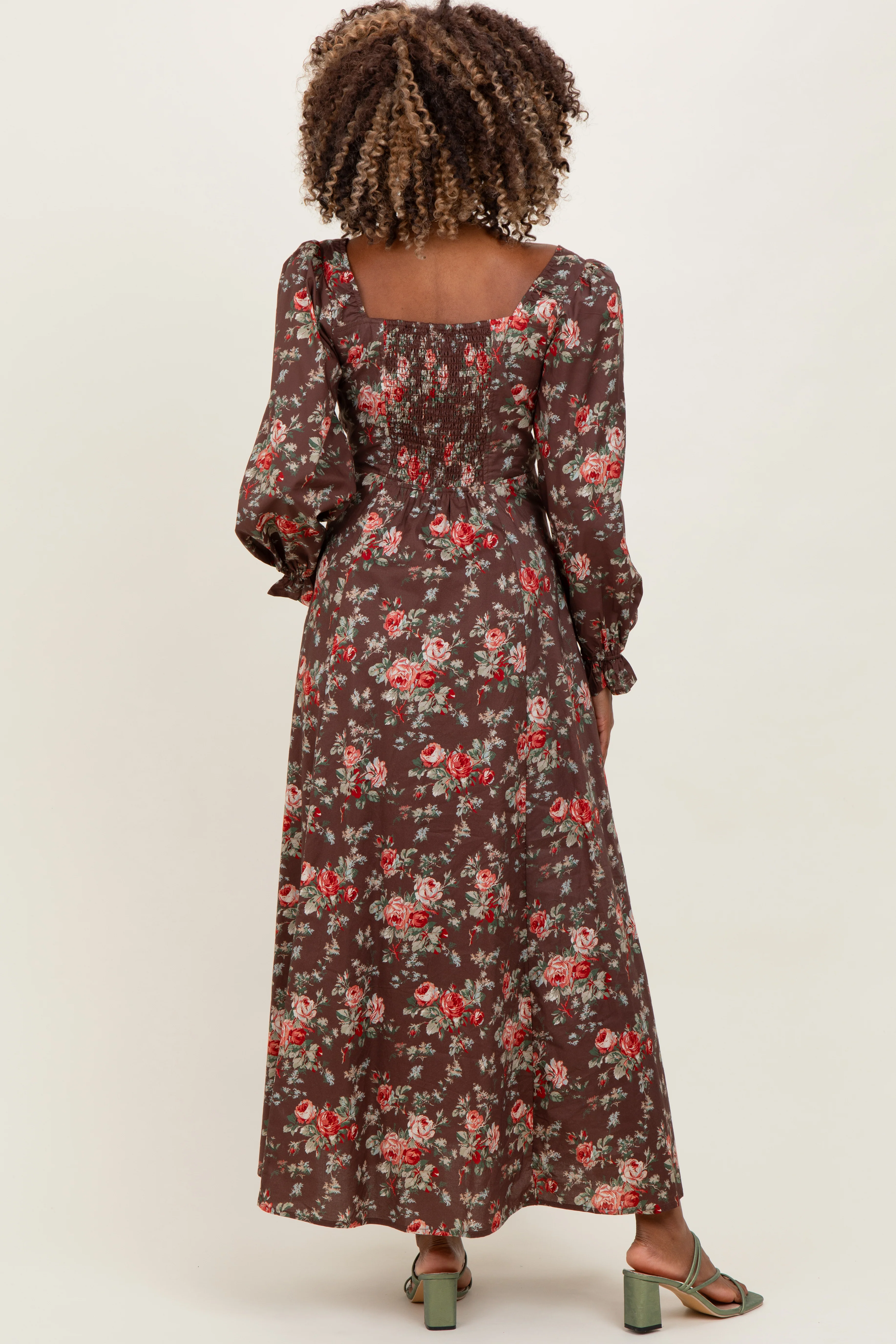 Brown Floral Square Neck Cotton Maternity Maxi Dress - Image 3