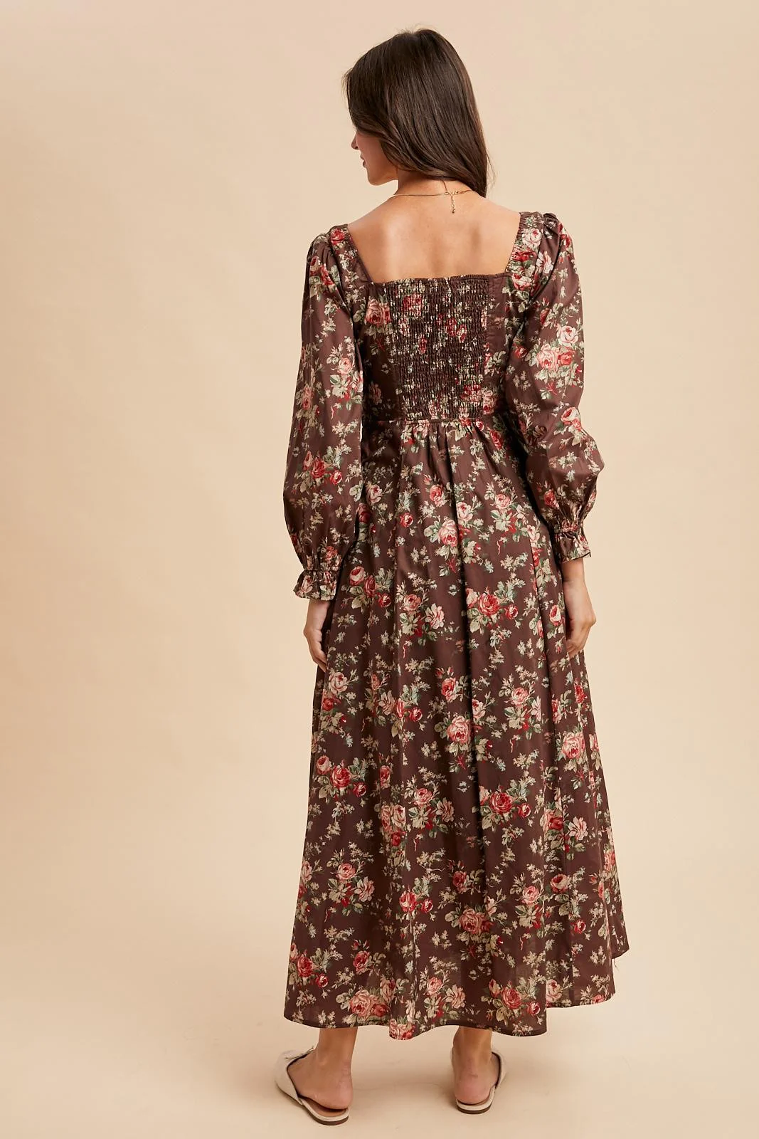 Brown Floral Square Neck Cotton Maxi Dress - Image 5