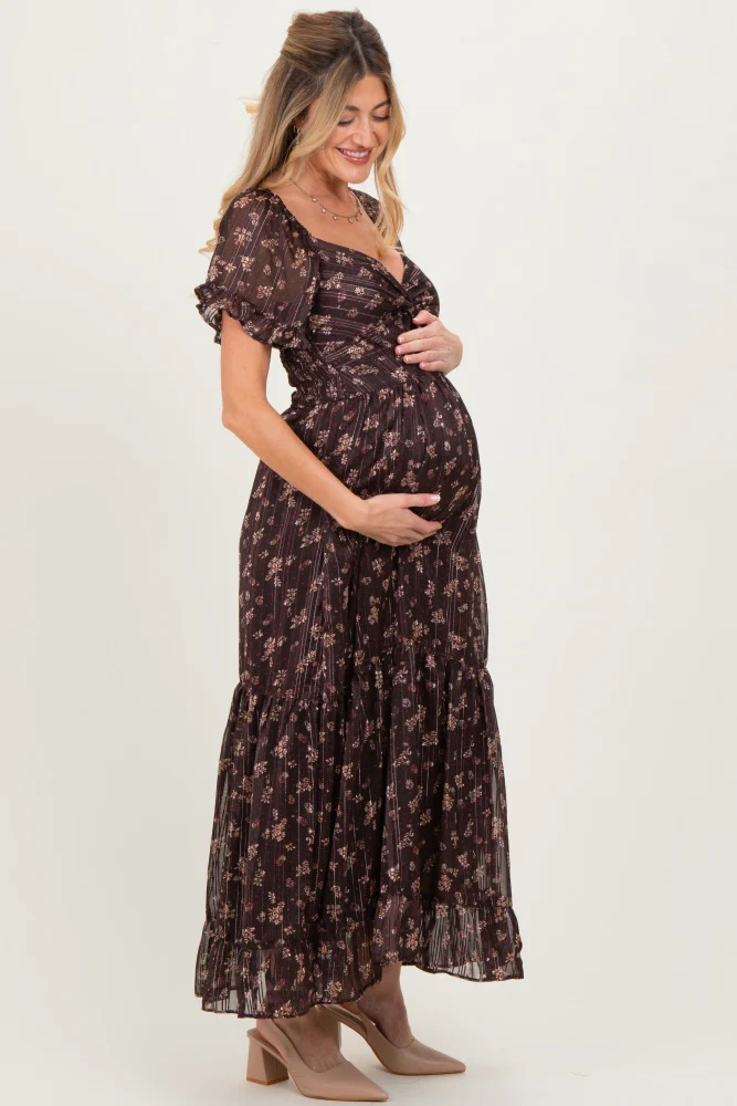 Brown Floral Stripe Twist Front Cutout Maternity Maxi Dress - Image 4