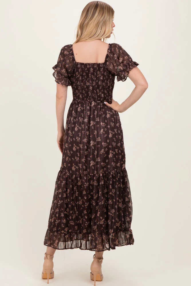 Brown Floral Stripe Twist Front Cutout Maxi Dress - Image 4