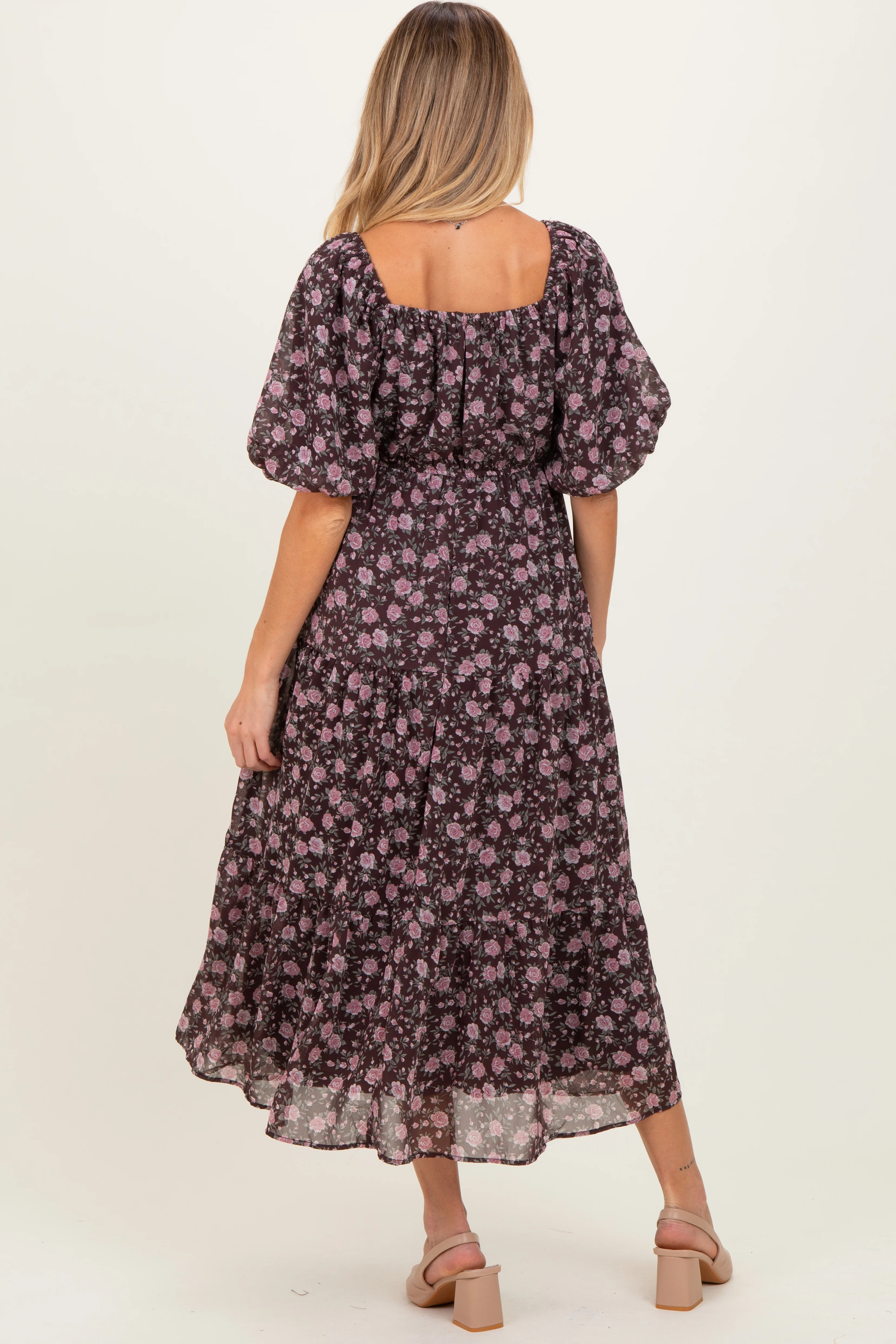 Brown Floral Sweetheart Neckline Puff Sleeve Maternity Maxi Dress - Image 3